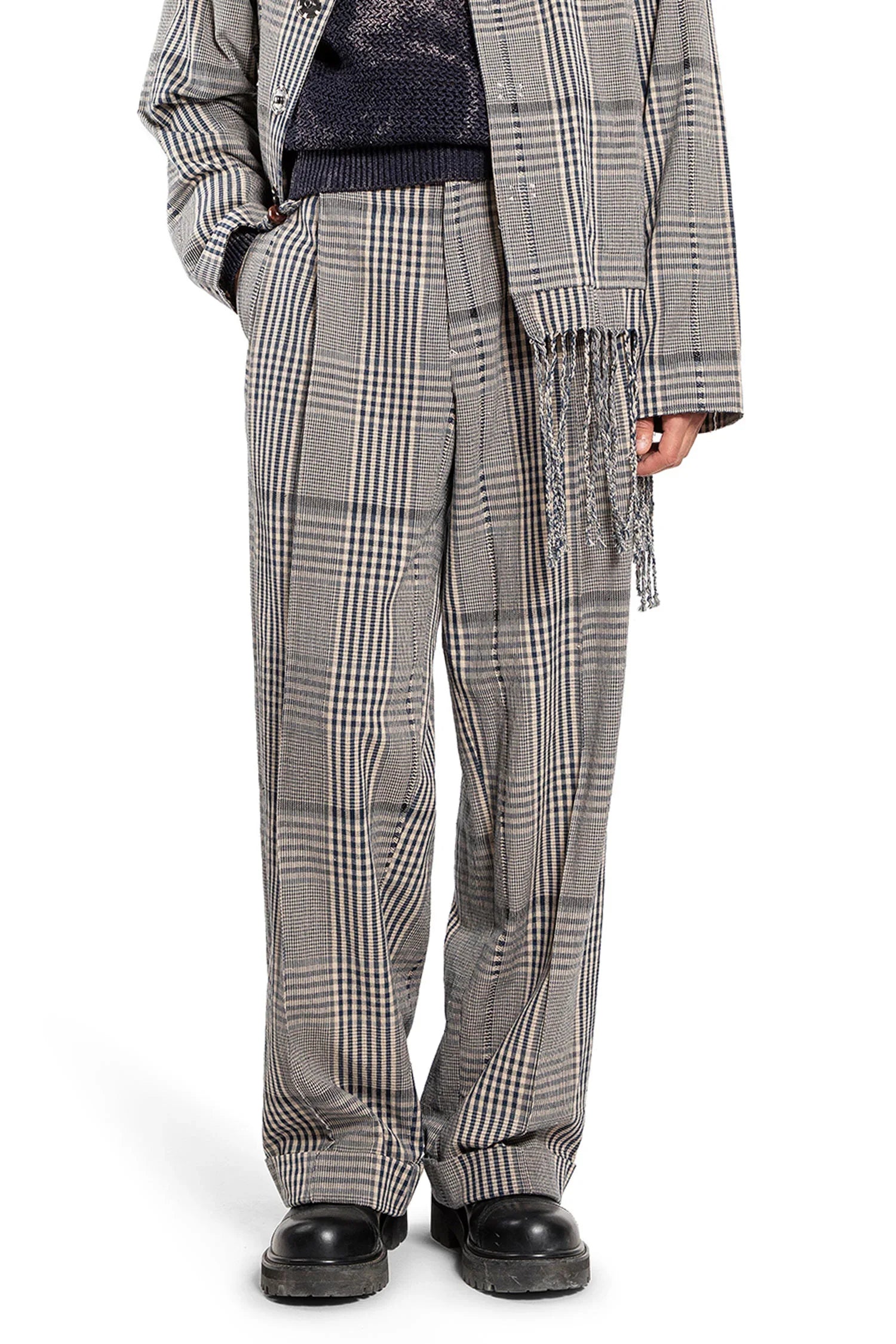 Pleated Cotton Flannel Check Trousers - Antonioli.eu