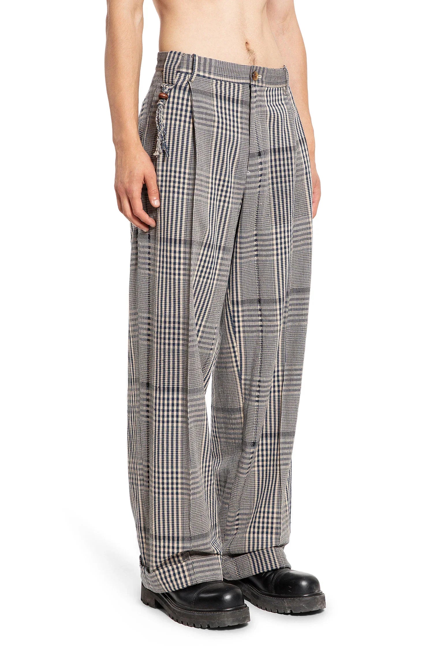 Pleated Cotton Flannel Check Trousers - Antonioli.eu