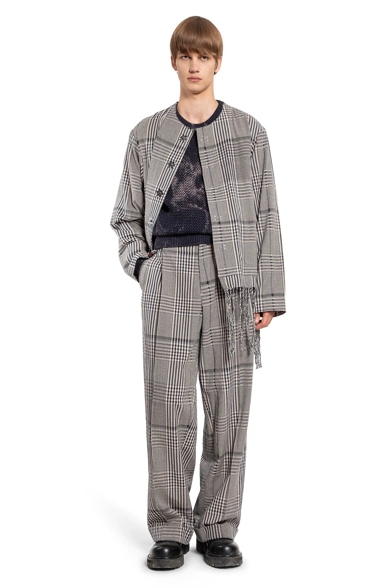 Pleated Cotton Flannel Check Trousers - Antonioli.eu