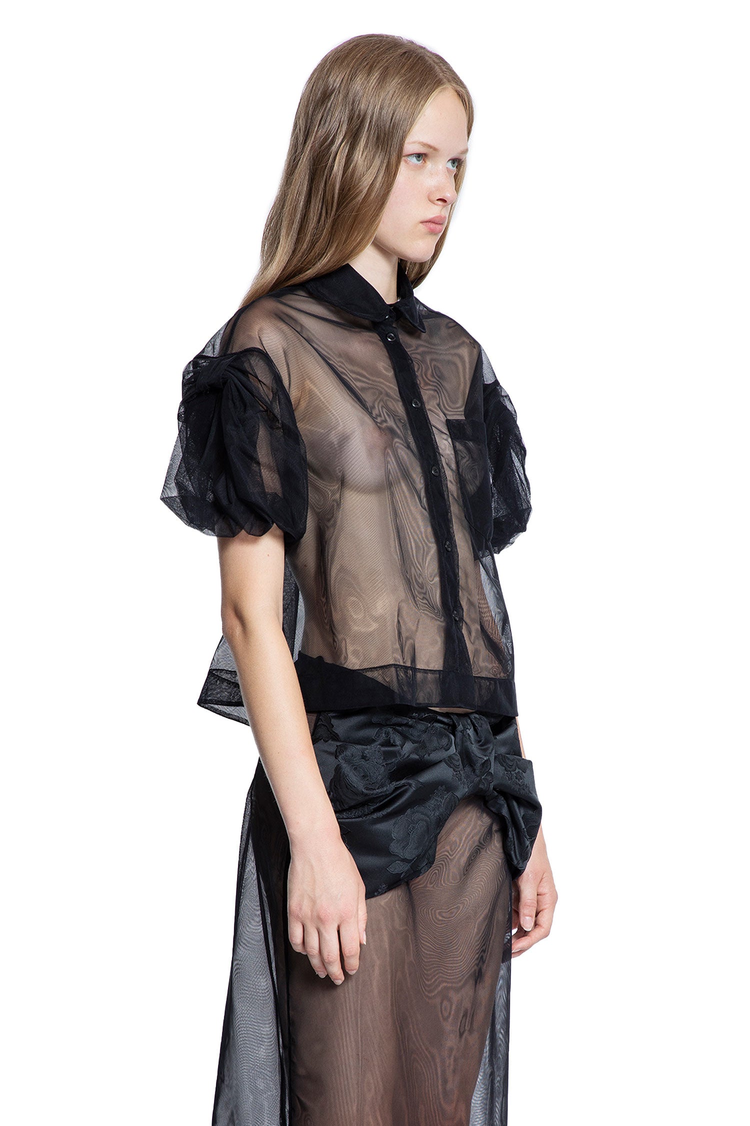 Sheer Cropped Puff Bow Sleeve Shirt