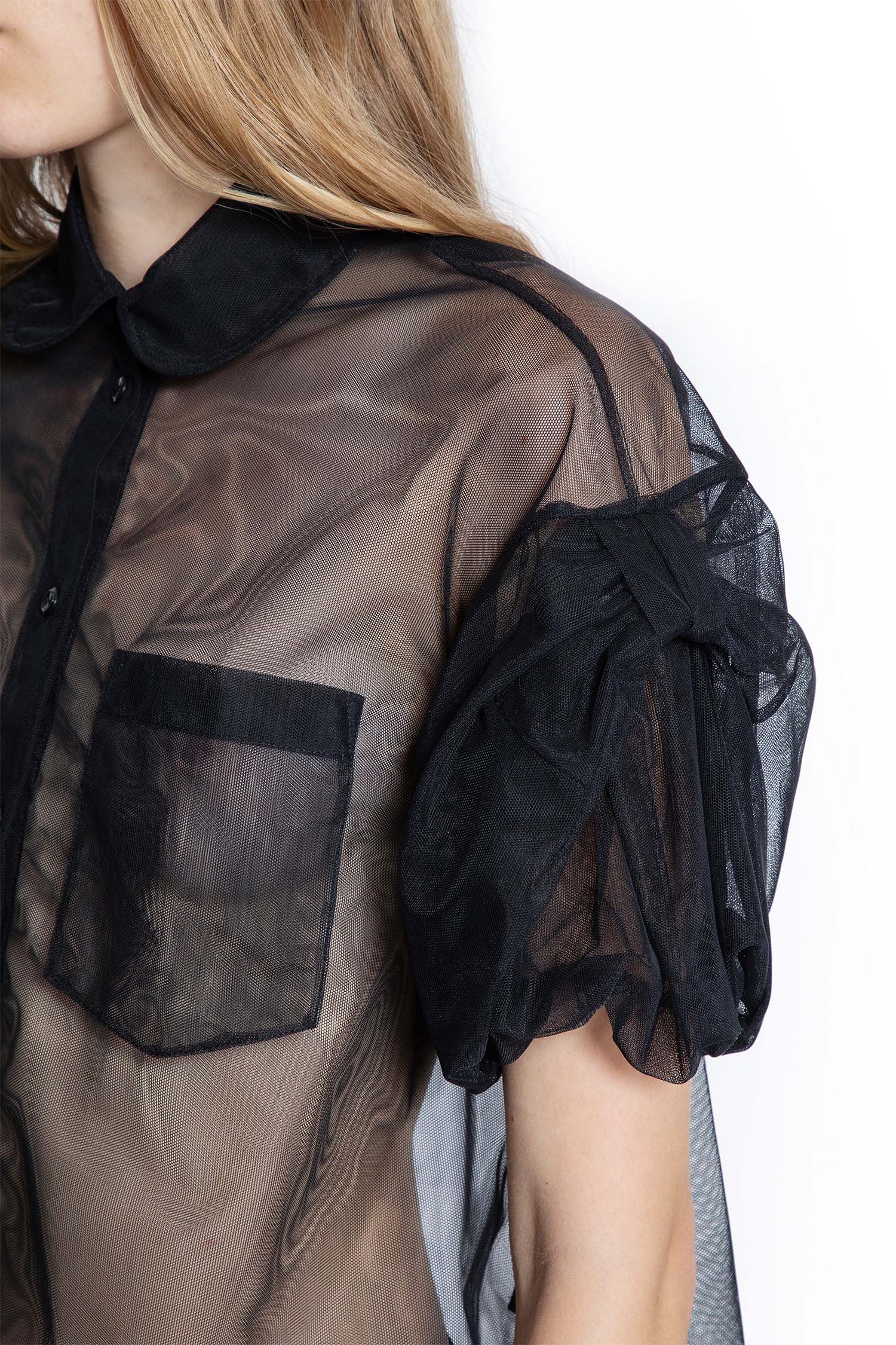 Sheer Cropped Puff Bow Sleeve Shirt