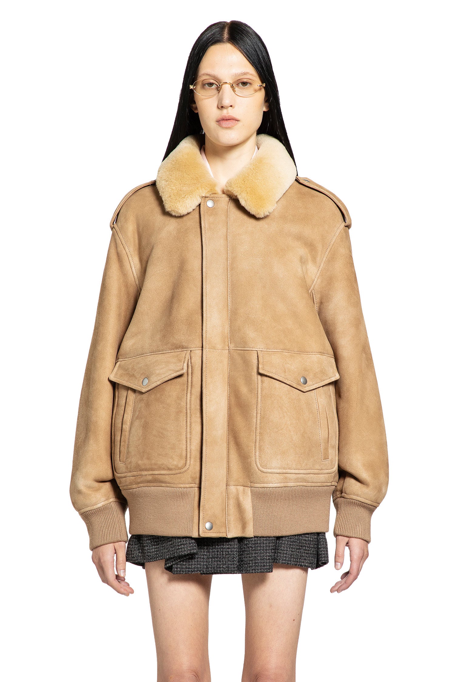 Suede Bomber with Shearling Collar