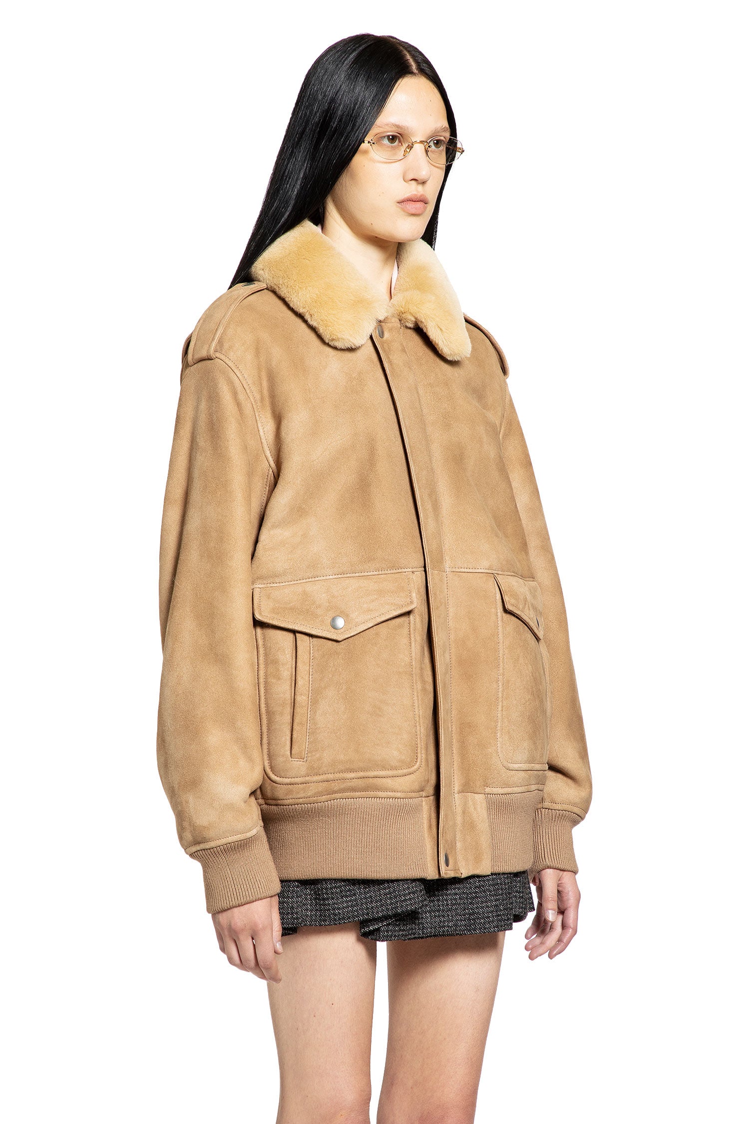 Suede Bomber with Shearling Collar