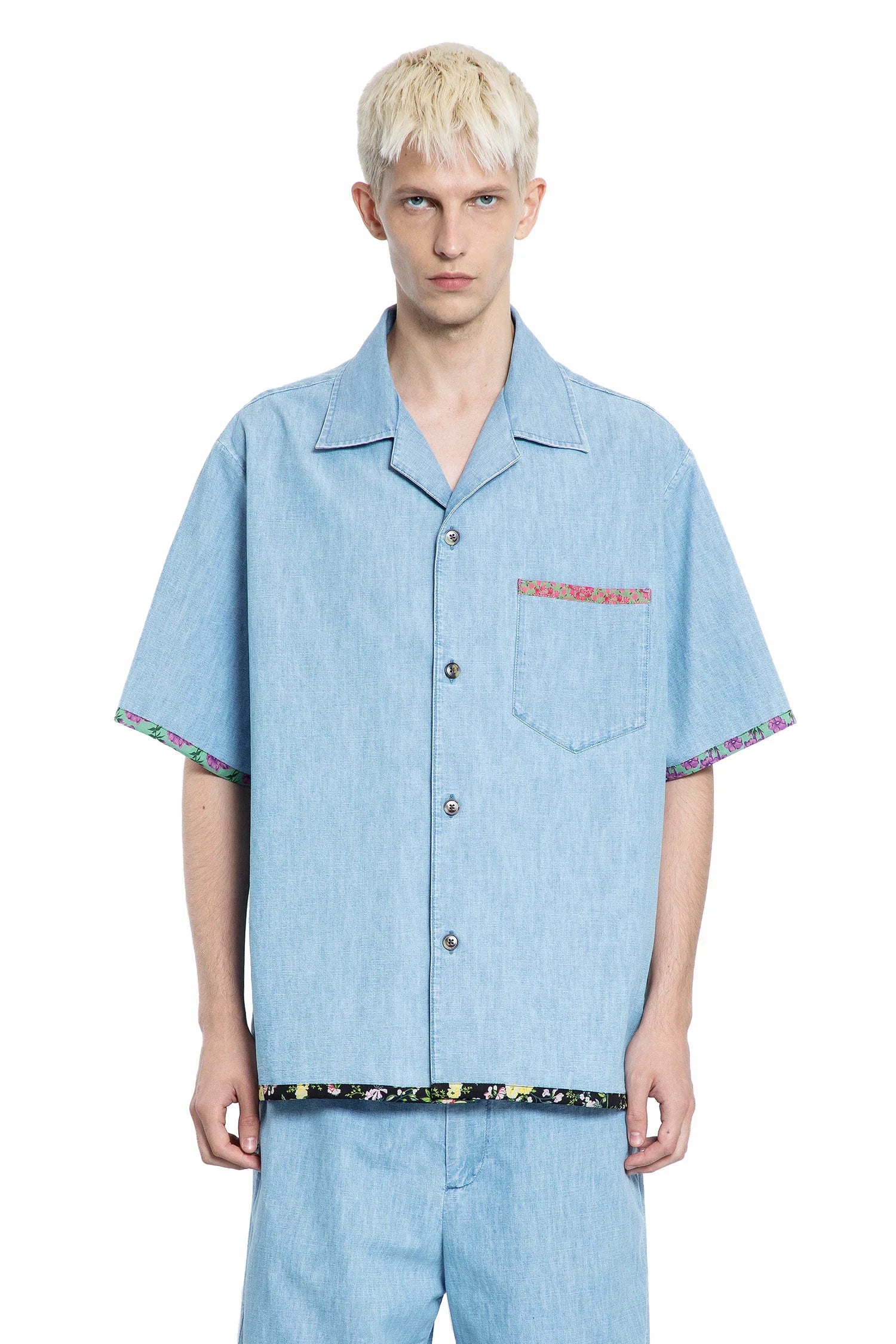 Denim Bowling Shirt with Floral Print Trim - Antonioli.eu