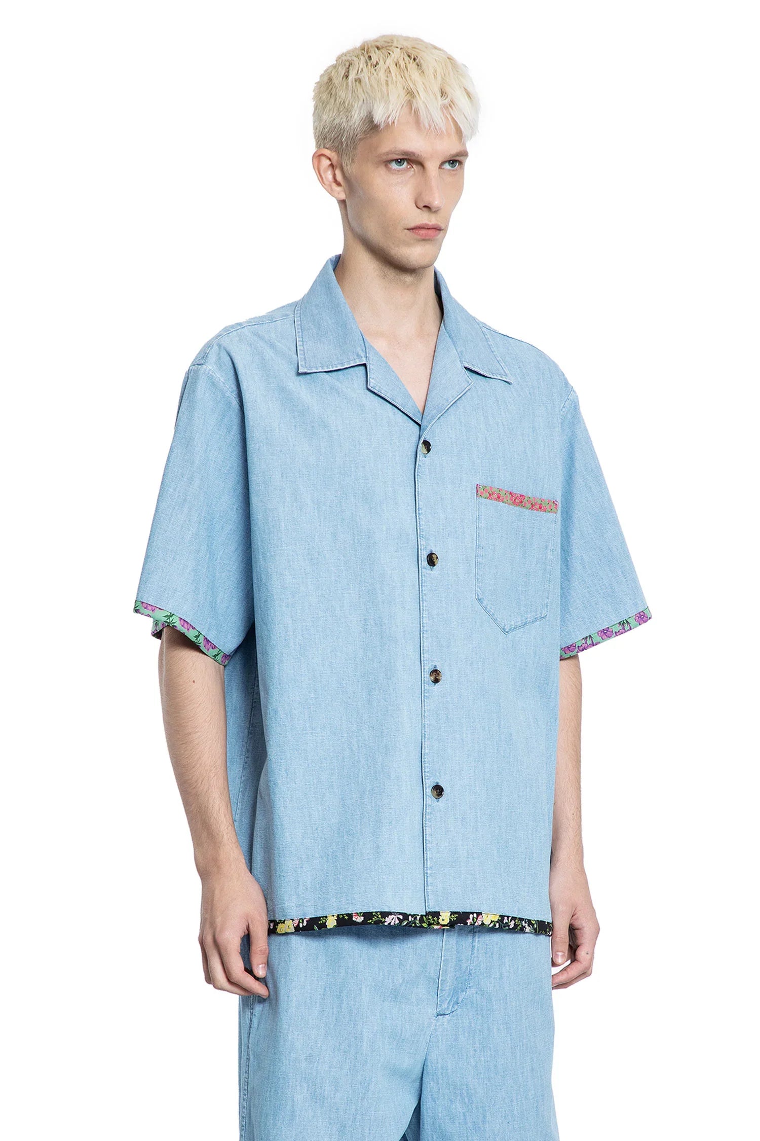Denim Bowling Shirt with Floral Print Trim - Antonioli.eu