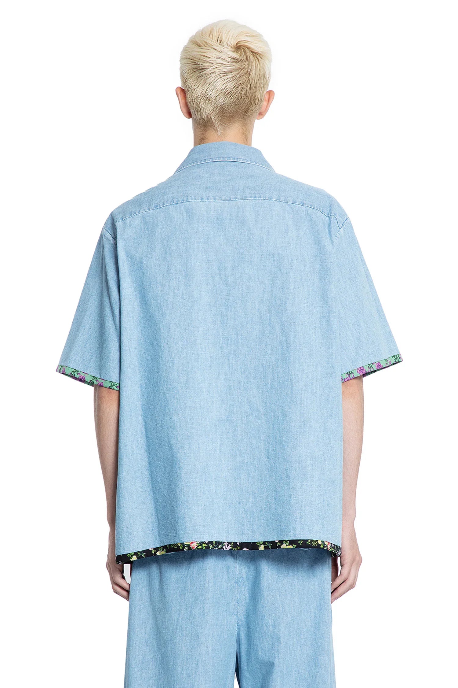 Denim Bowling Shirt with Floral Print Trim - Antonioli.eu