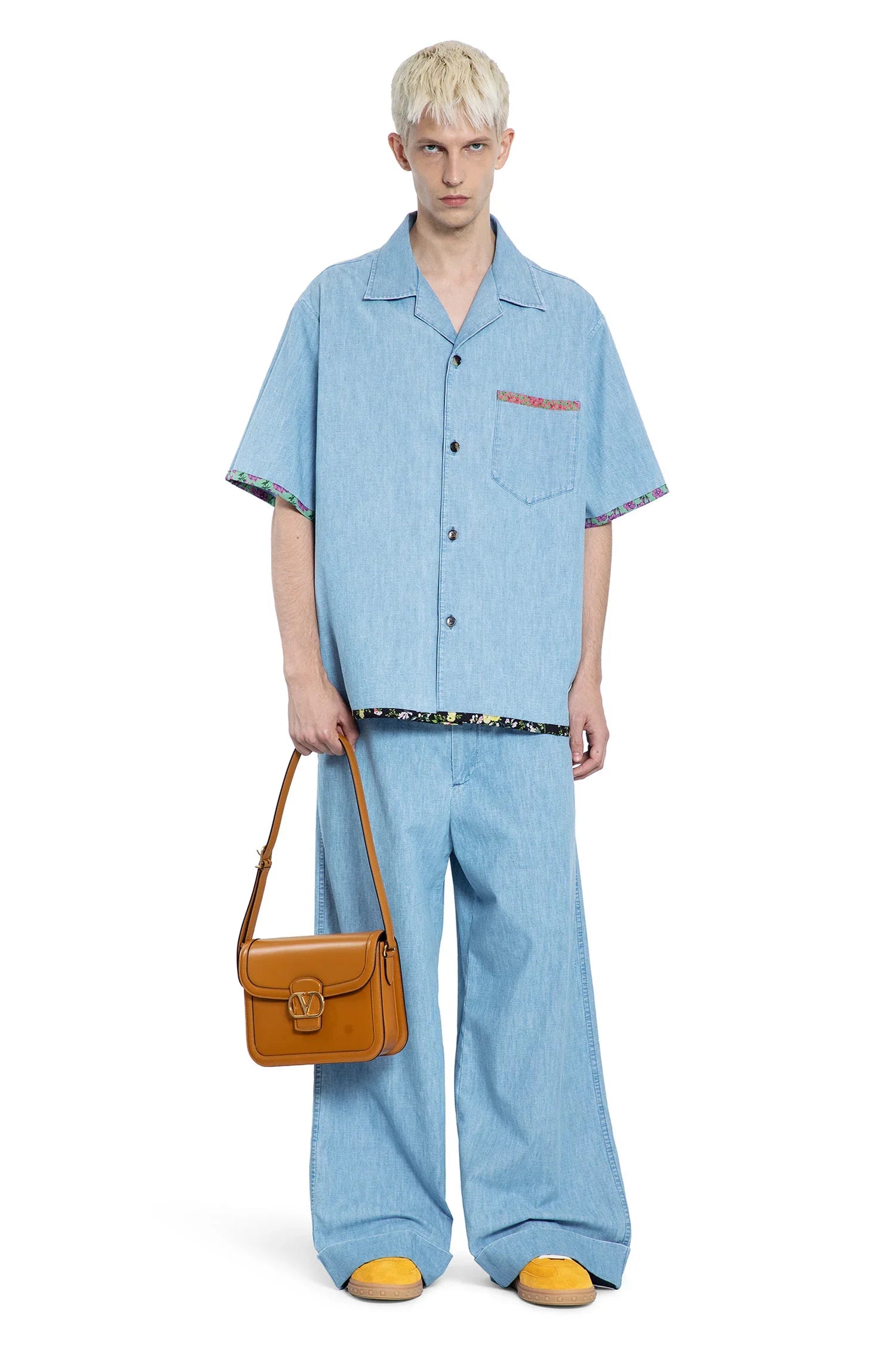 Denim Bowling Shirt with Floral Print Trim - Antonioli.eu