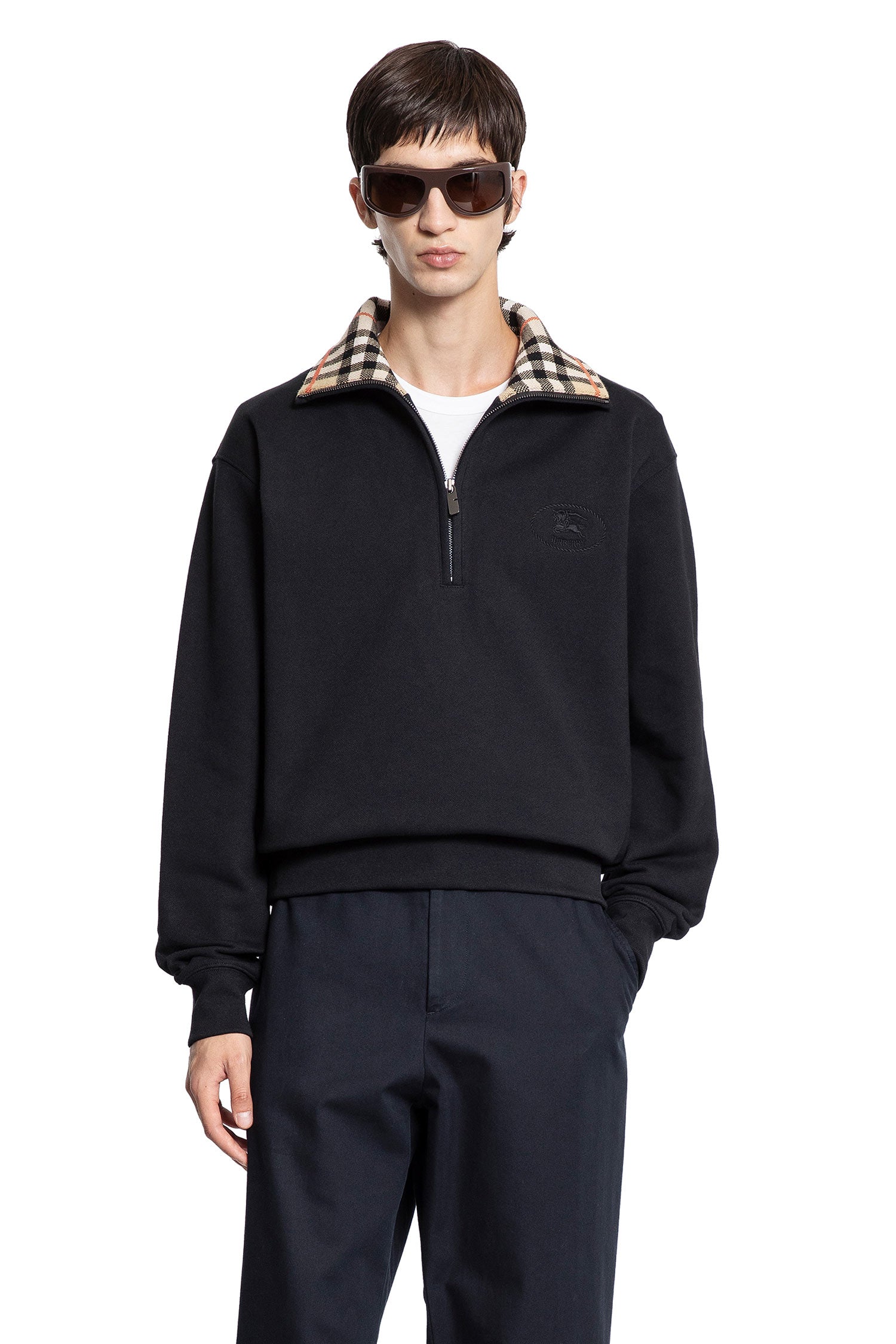 Check Collar Cotton Half-Zip Sweatshirt - Antonioli.eu