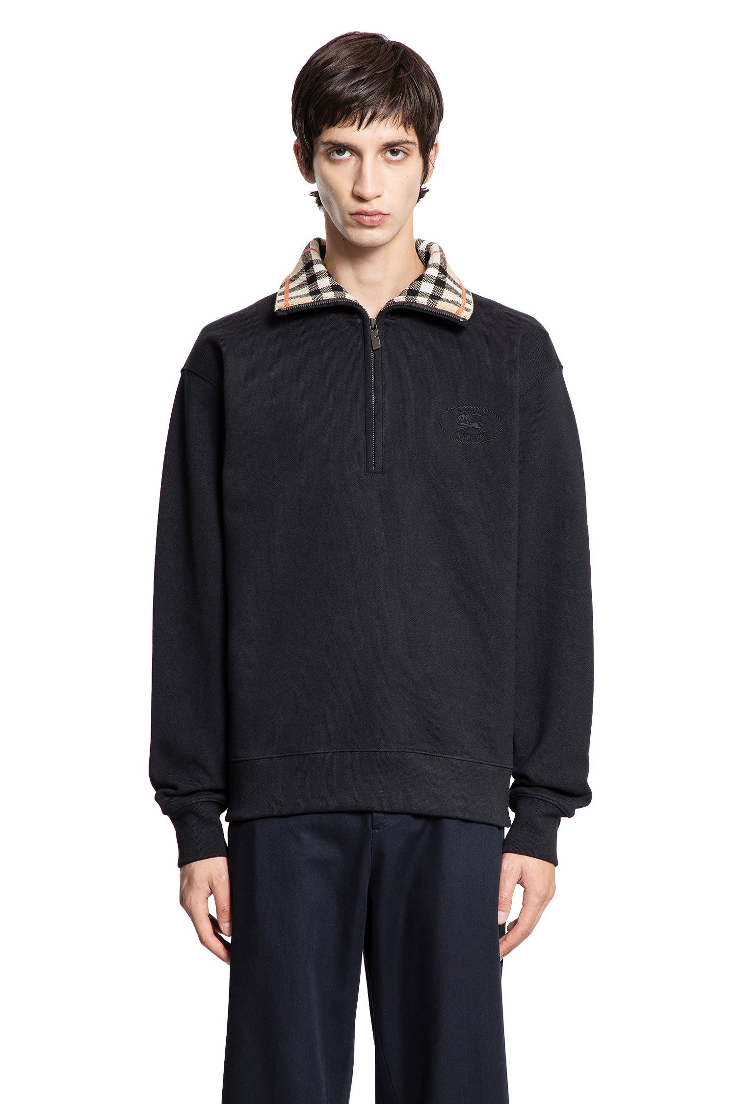 Check Collar Cotton Half-Zip Sweatshirt - Antonioli.eu