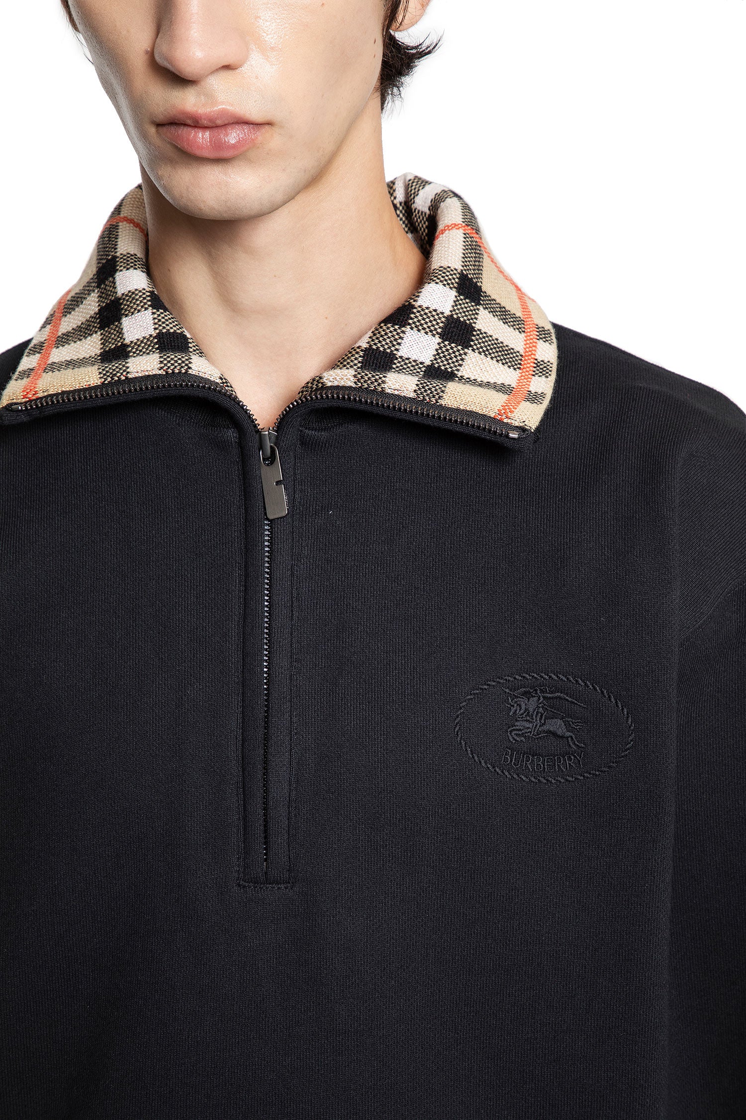 Check Collar Cotton Half-Zip Sweatshirt - Antonioli.eu