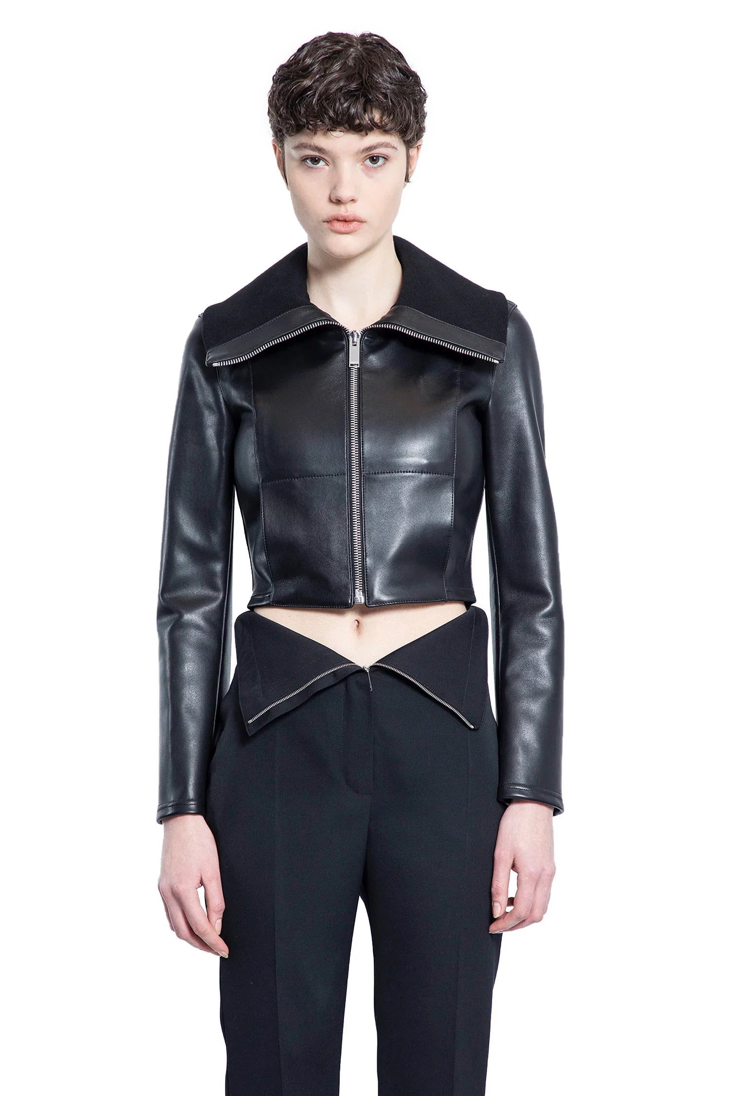 Folded Collar Leather Jacket - Antonioli.eu