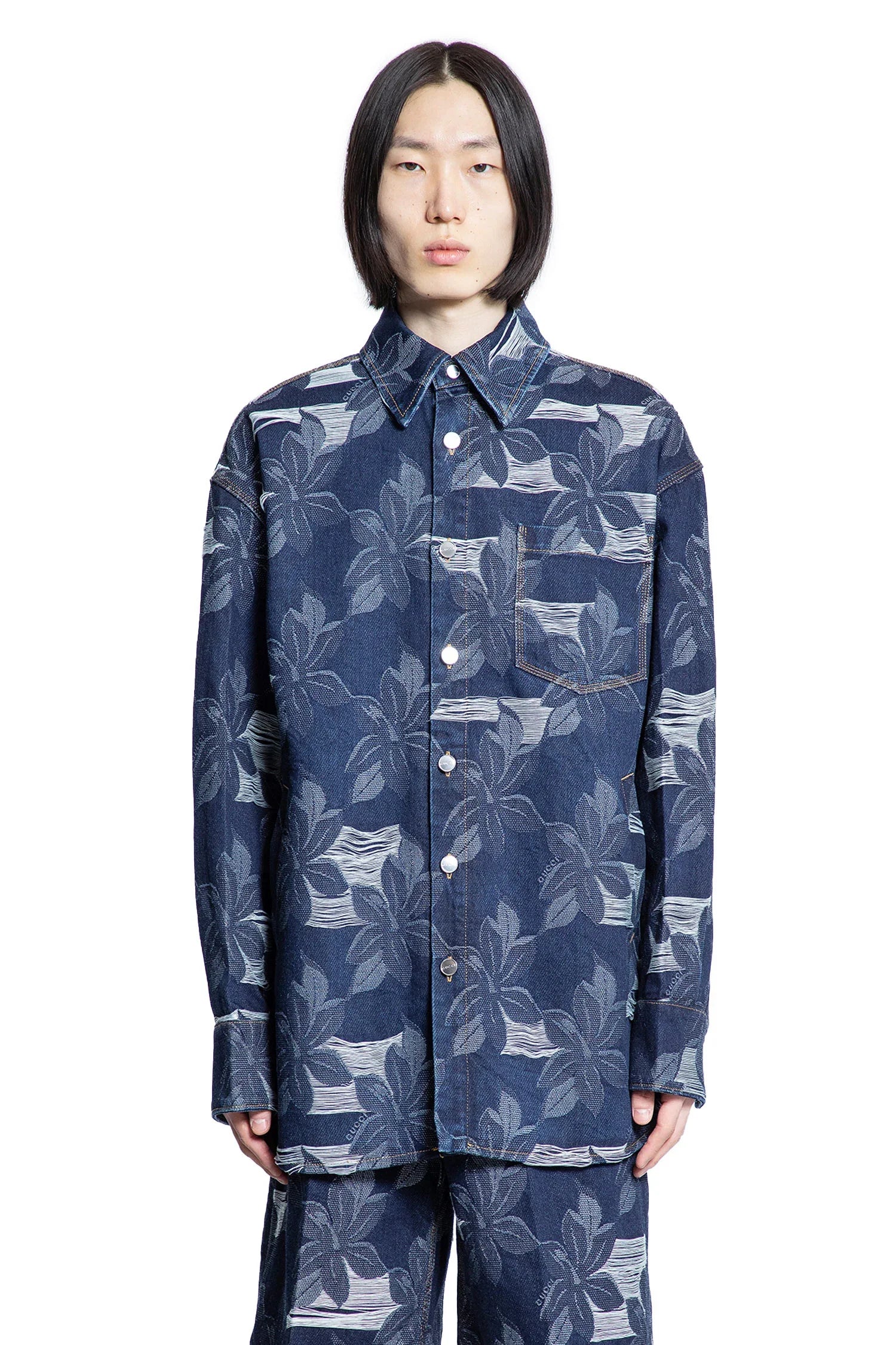 Floral Jacquard Denim Shirt - Antonioli.eu