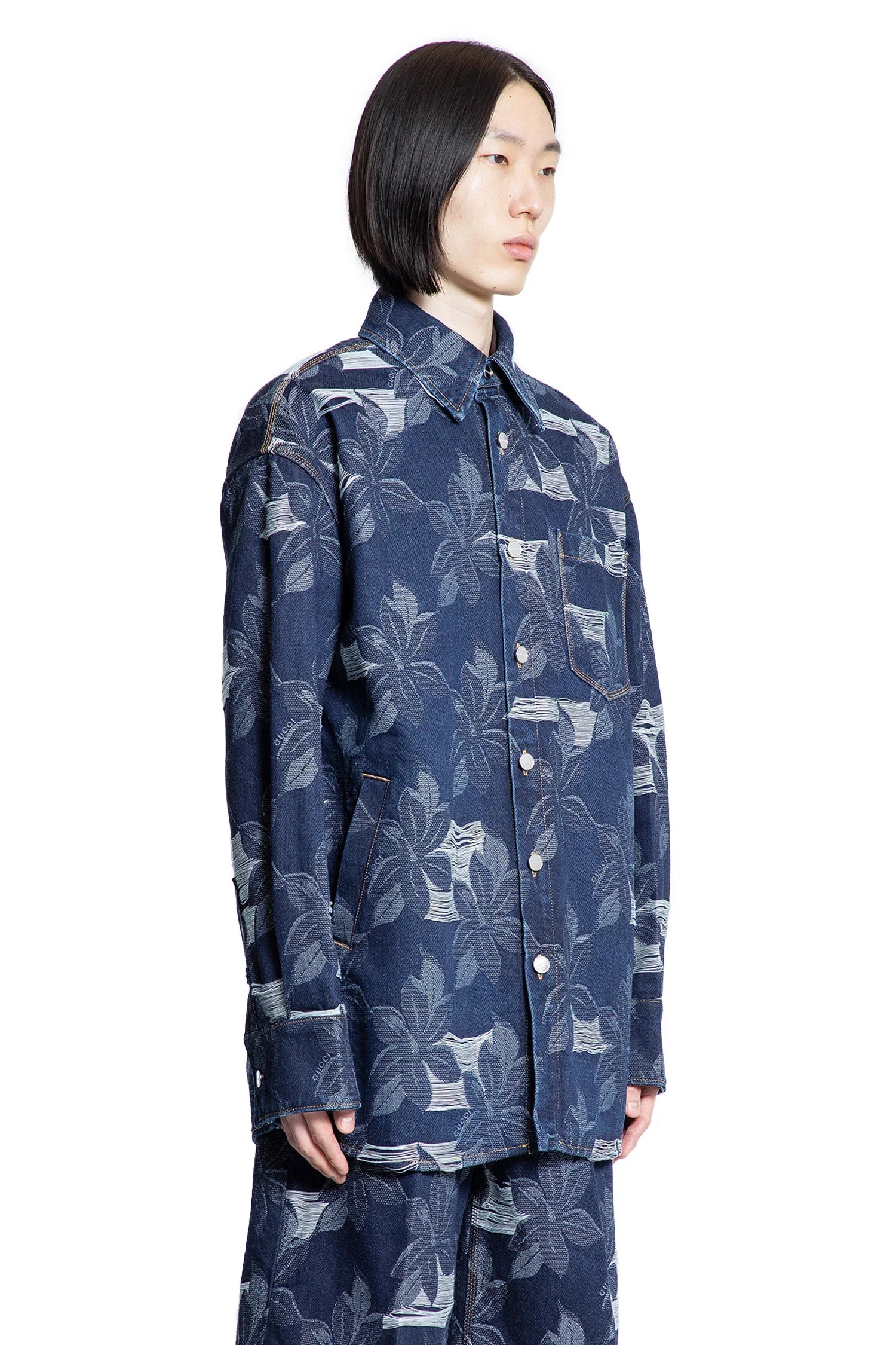 Floral Jacquard Denim Shirt - Antonioli.eu