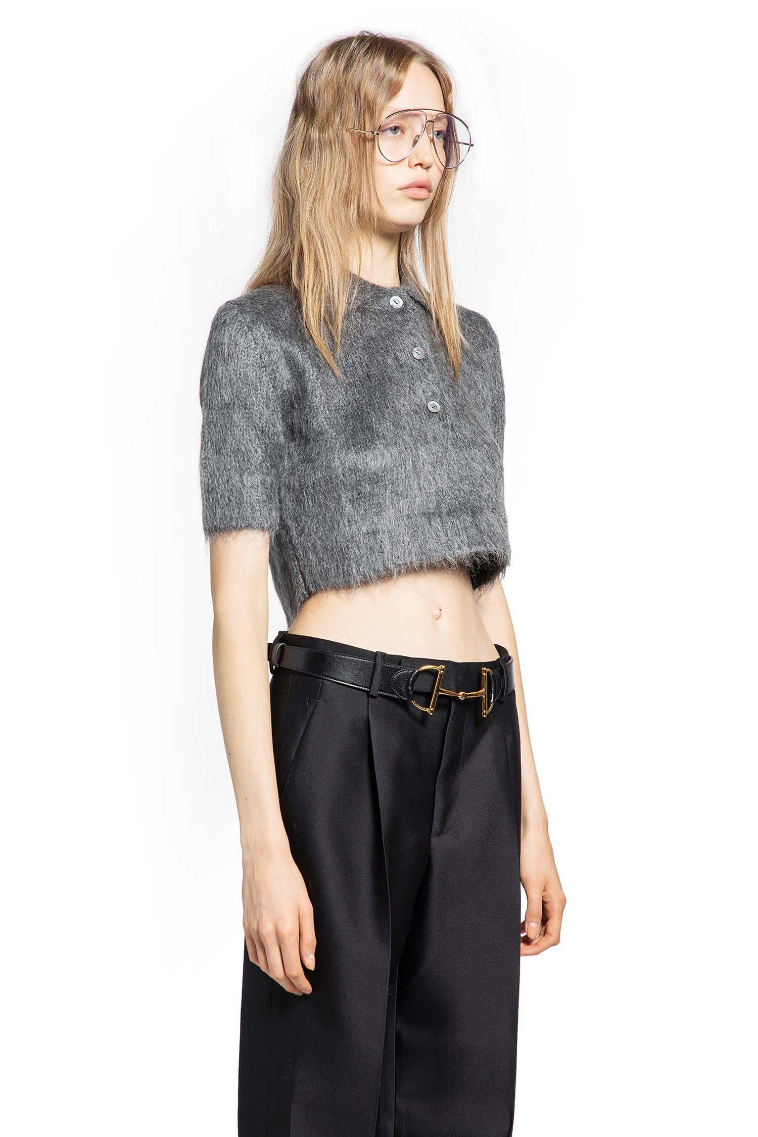 Brushed Mohair Cropped Polo Top