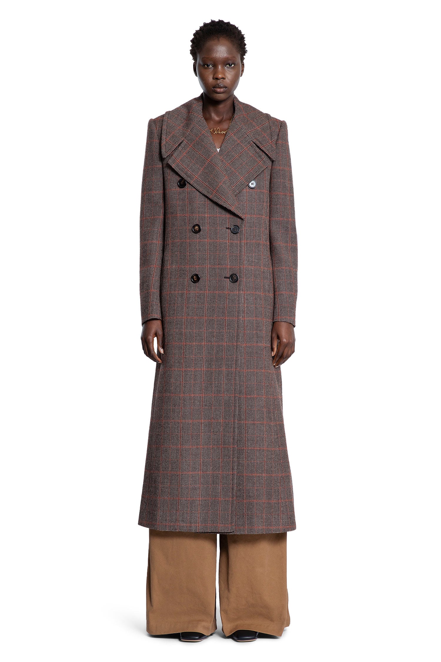Long Double-Breasted Coat in Check Wool - Antonioli.eu