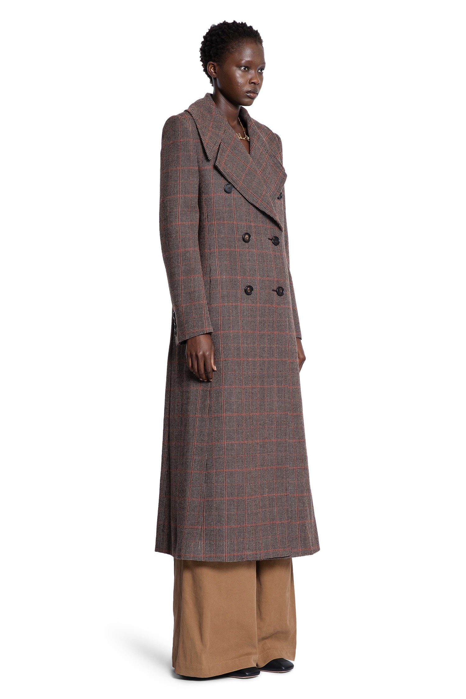 Long Double-Breasted Coat in Check Wool - Antonioli.eu