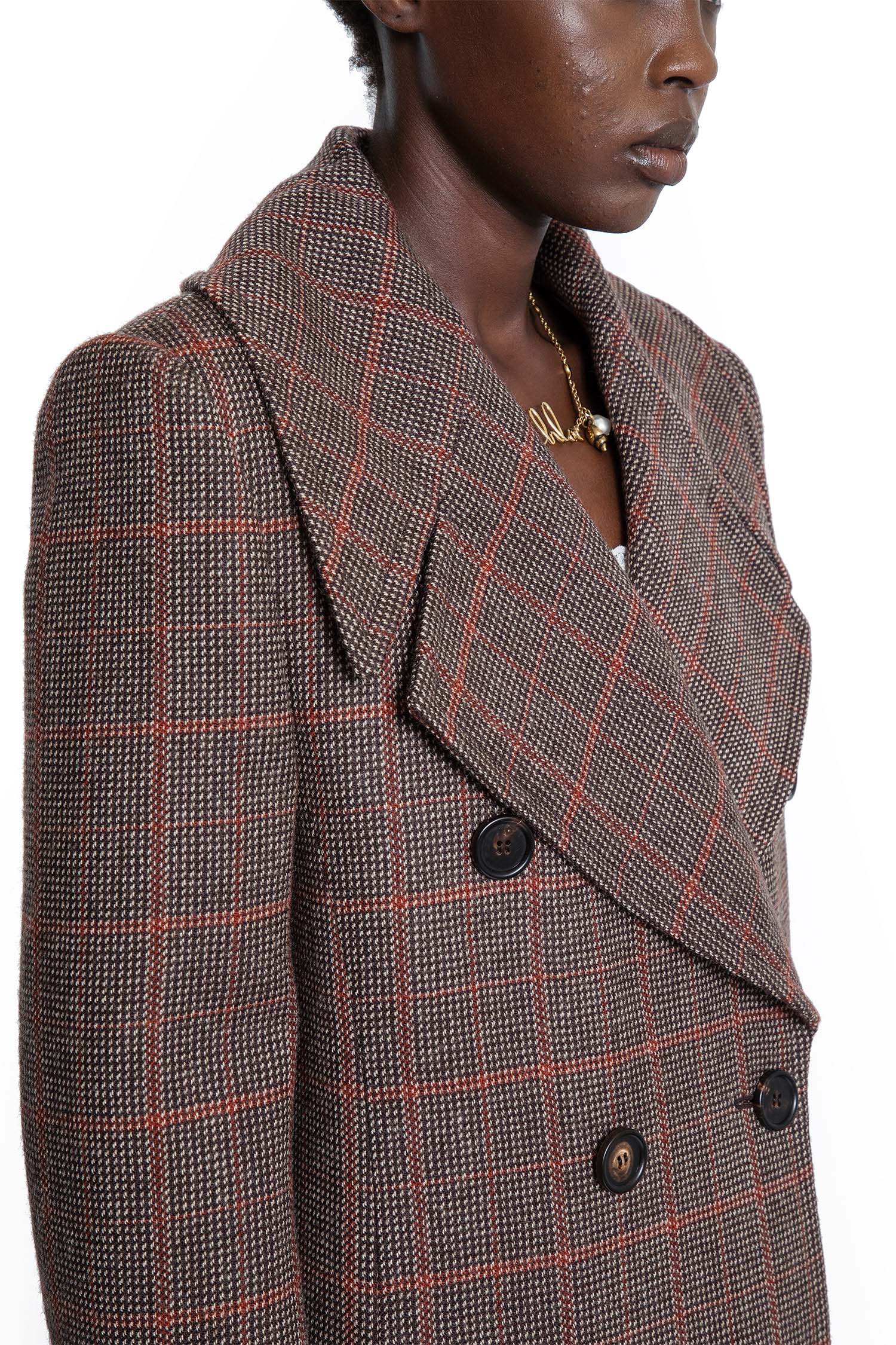 Long Double-Breasted Coat in Check Wool - Antonioli.eu