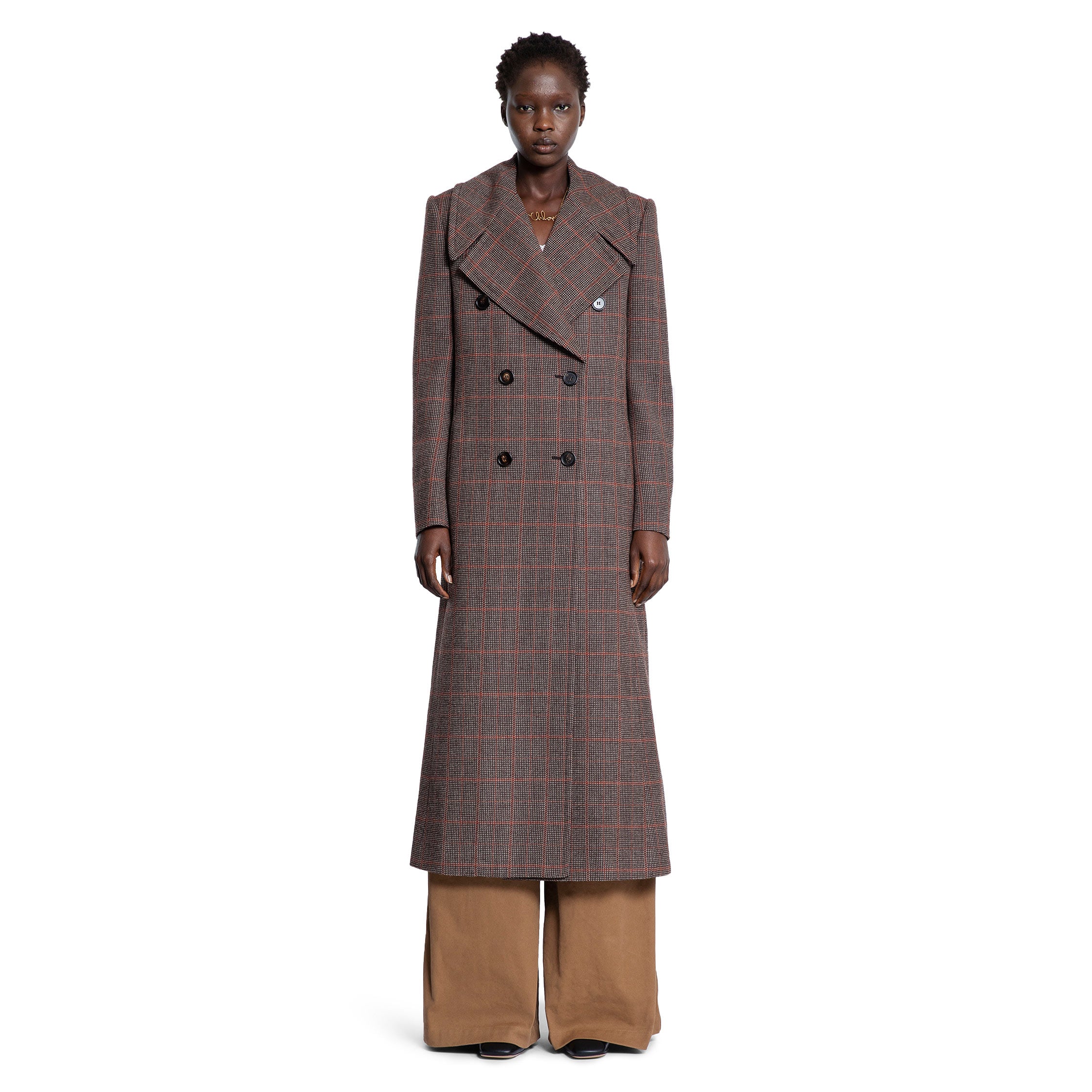 Long Double-Breasted Coat in Check Wool - Antonioli.eu