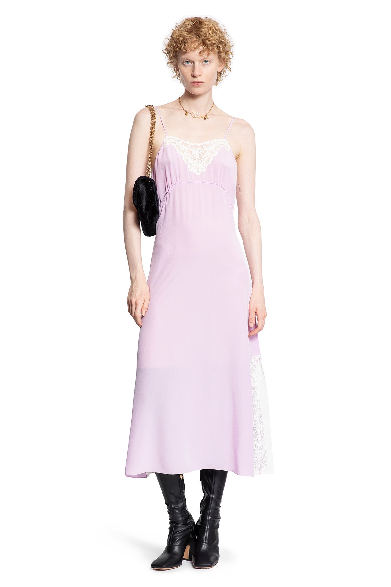 Midi Dress in Silk Crêpe De Chine and Lace
