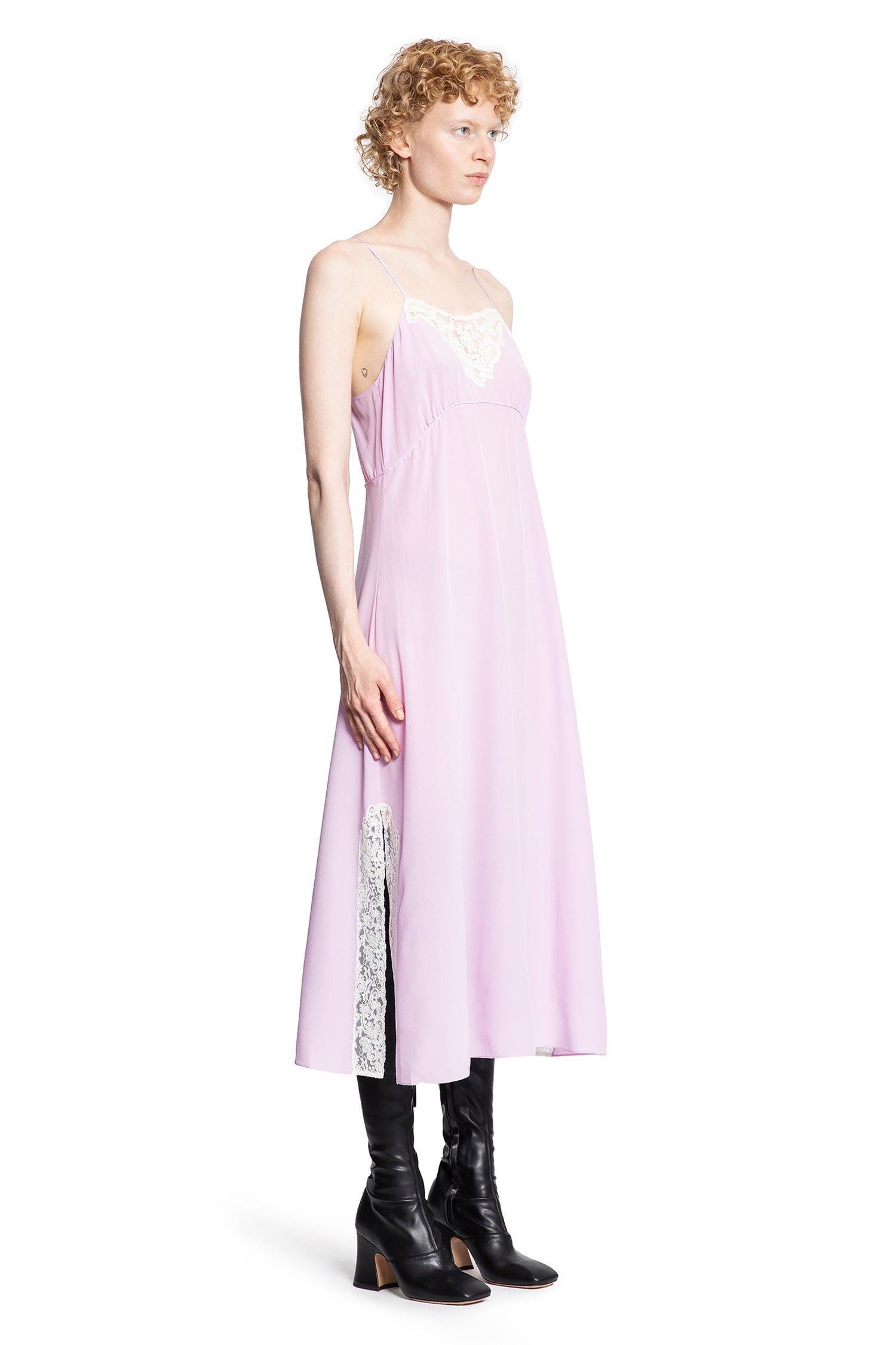 Midi Dress in Silk Crêpe De Chine and Lace