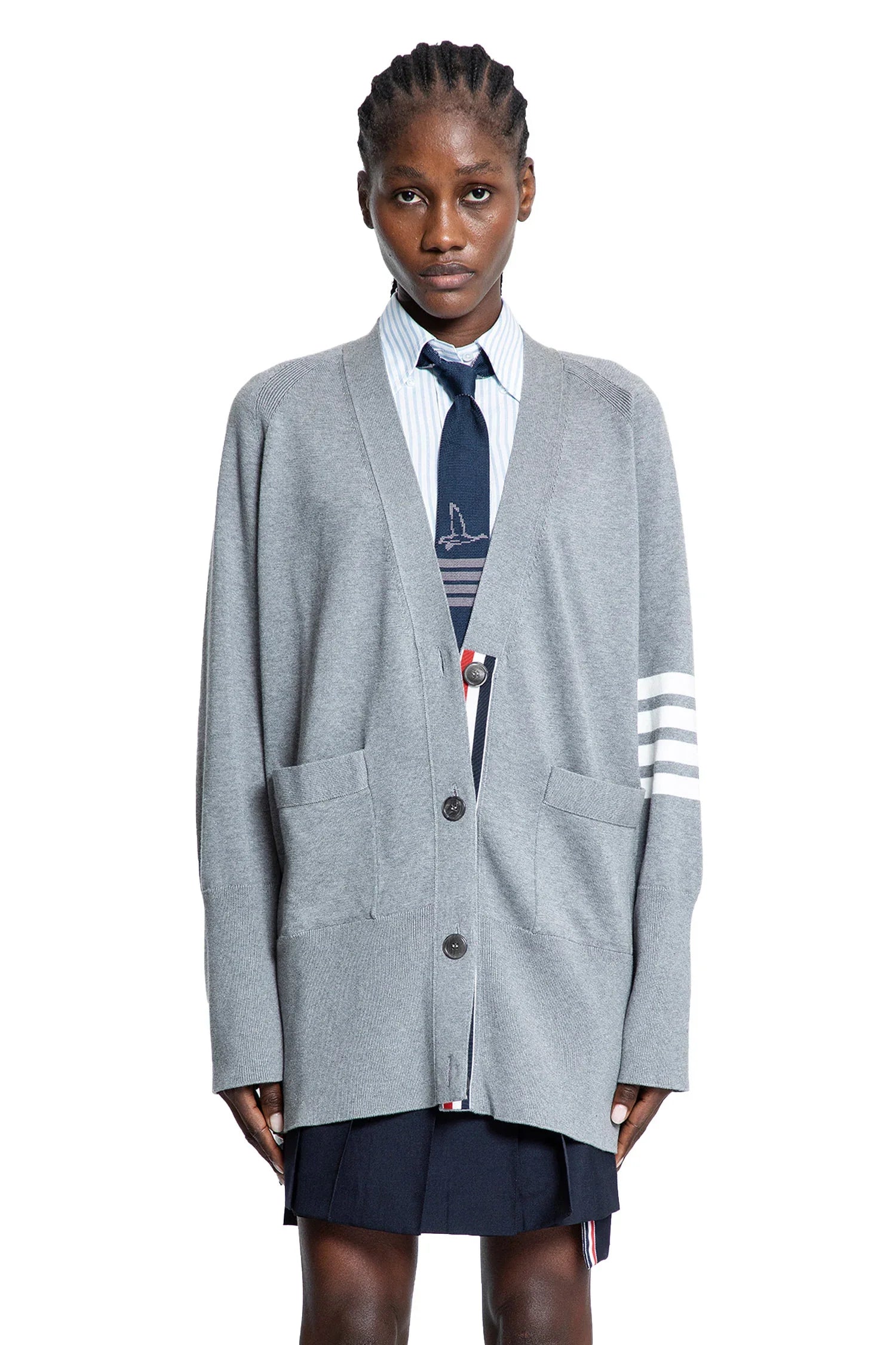 Cotton 4-Bar V-Neck Cardigan - Antonioli.eu