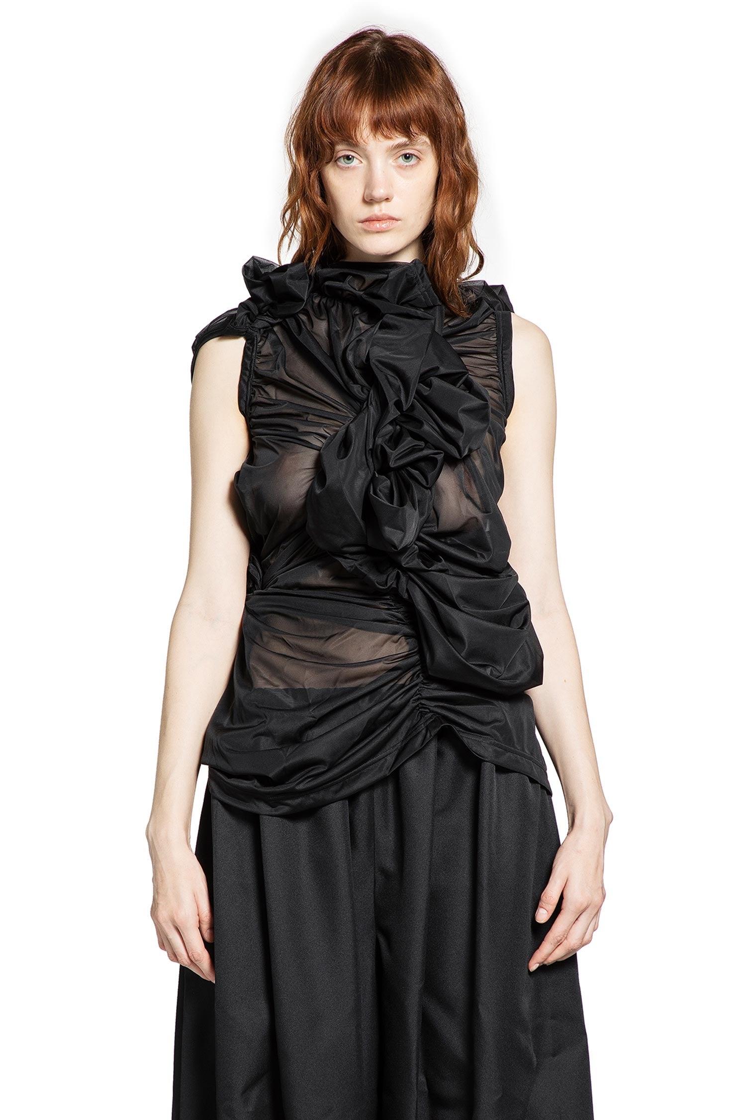 Gathered Sheer Nylon Sleeveless Top