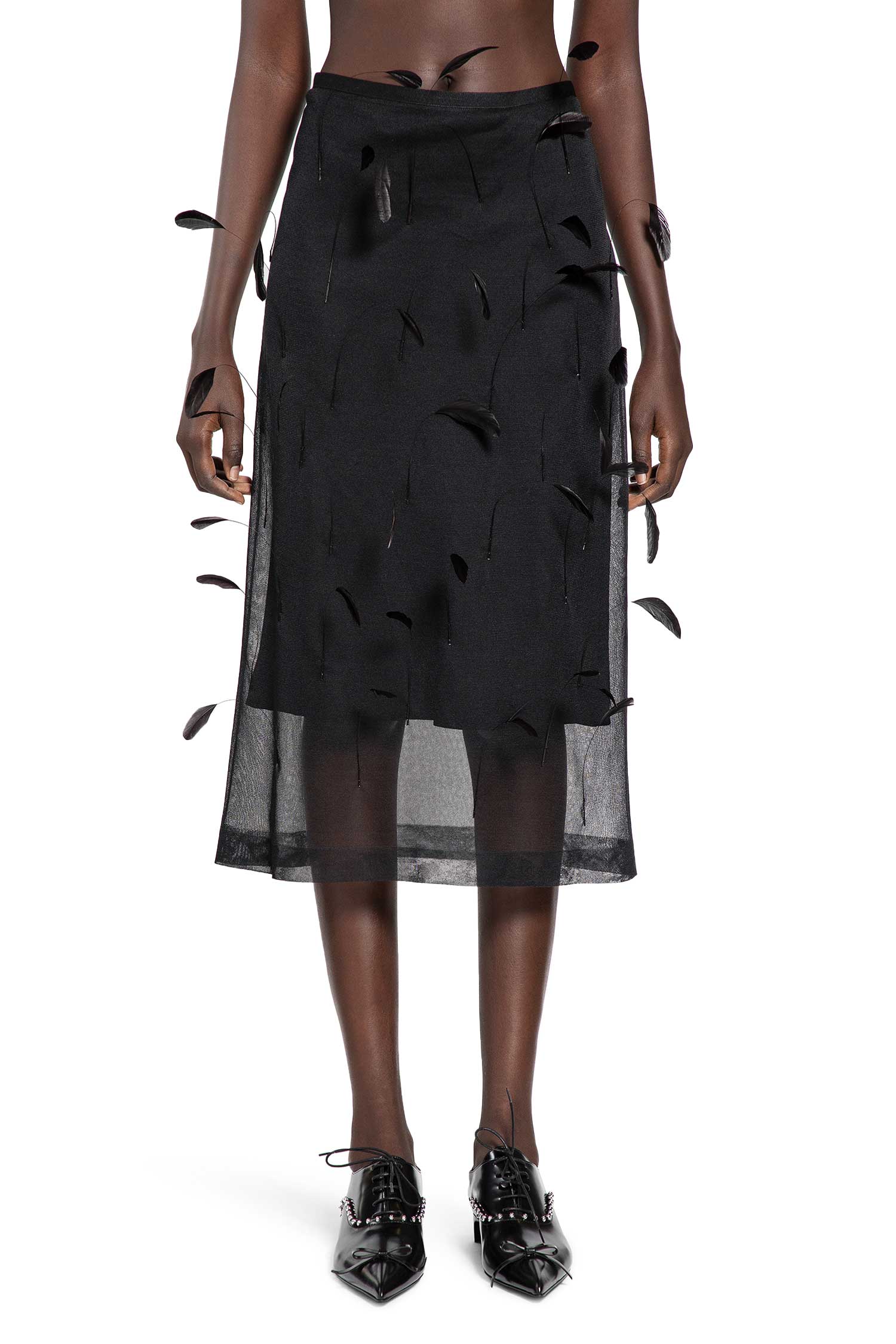 Superfine Silk Midi Skirt with Feathers
