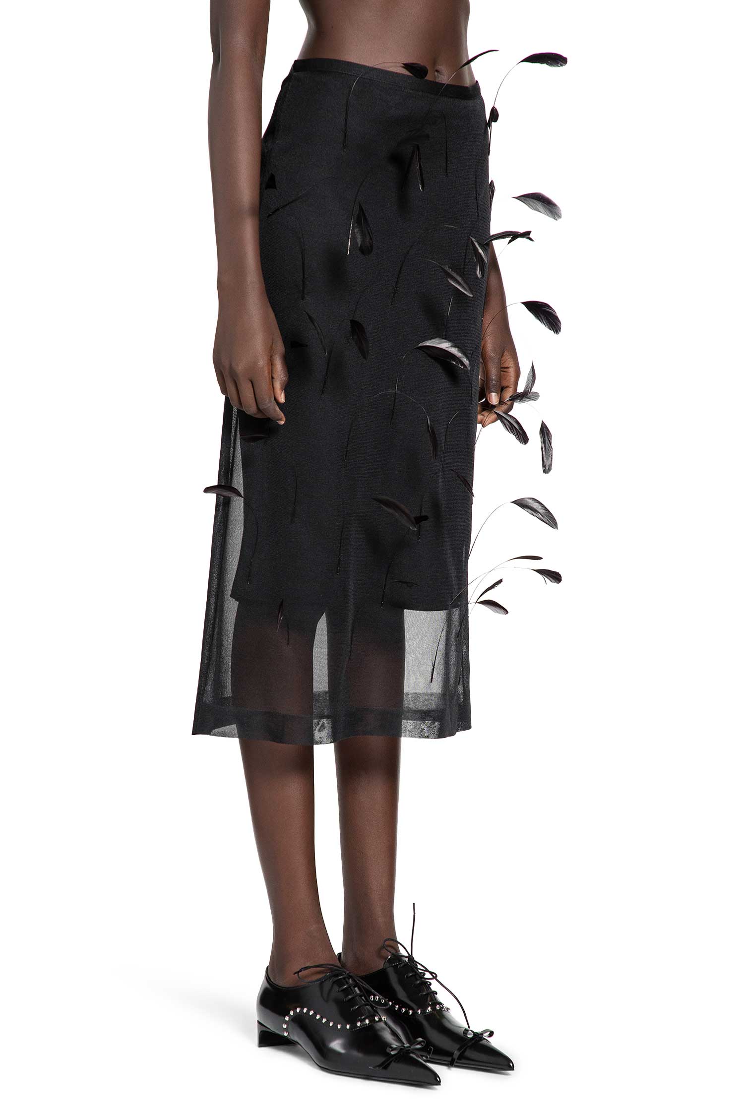 Superfine Silk Midi Skirt with Feathers