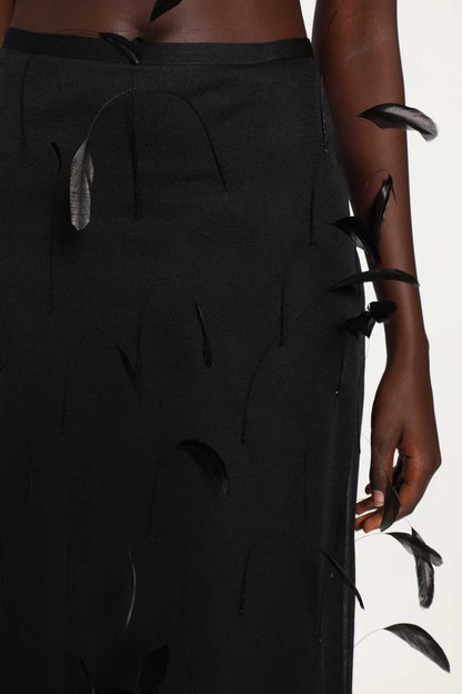 Superfine Silk Midi Skirt with Feathers