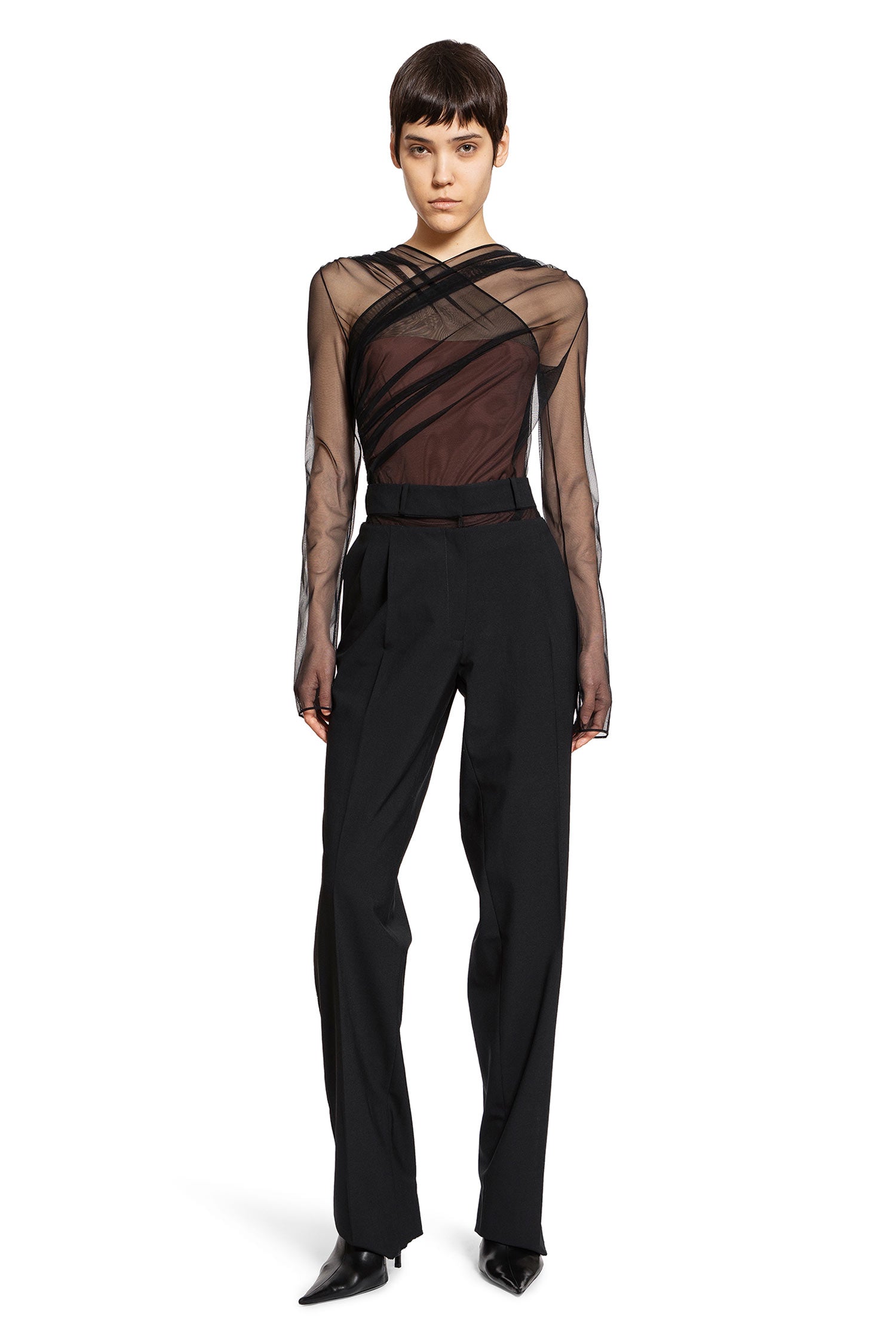 Semi-Sheer Gathered Long Sleeves Bodysuit