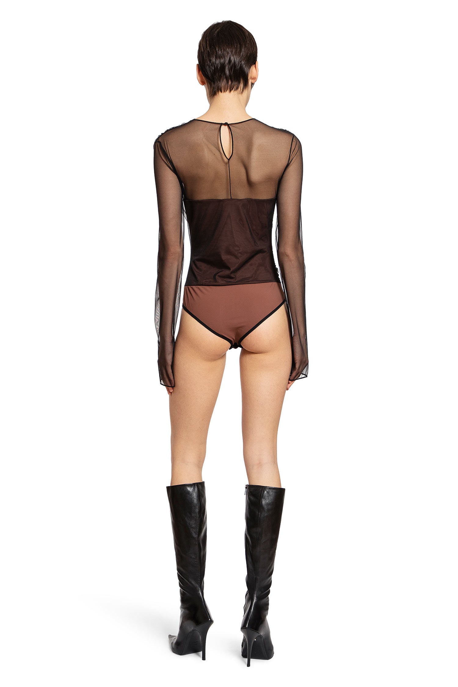 Semi-Sheer Gathered Long Sleeves Bodysuit