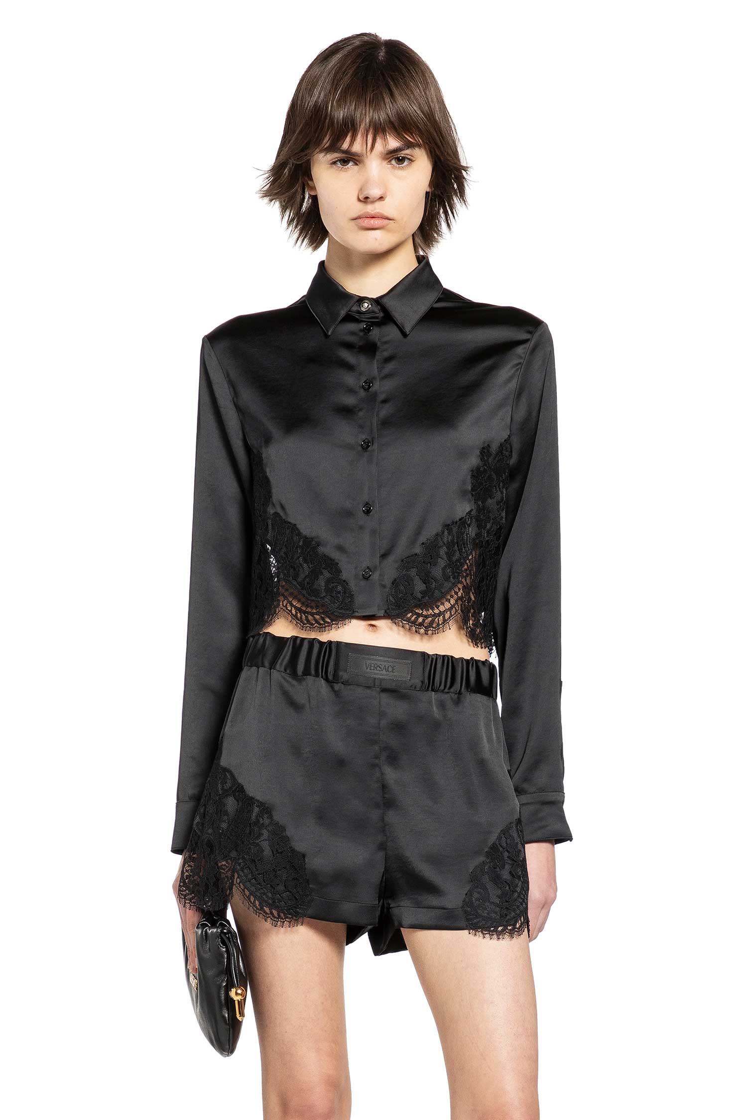Lace-Trim Satin Crop Shirt