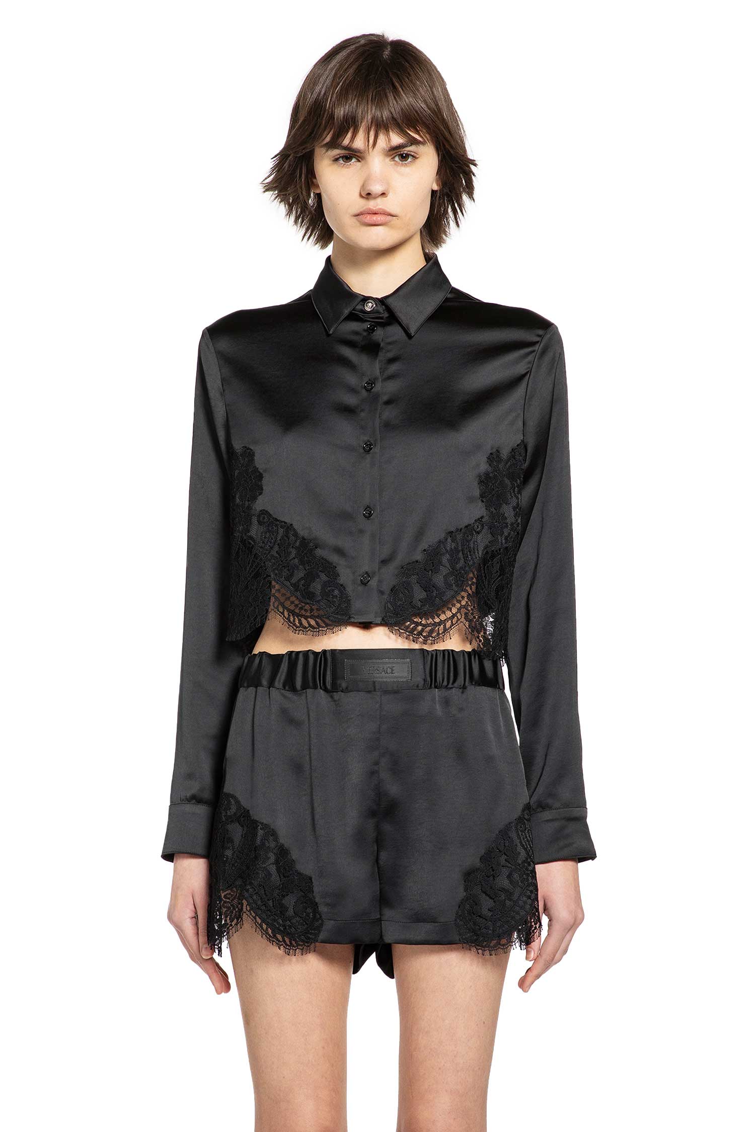 Lace-Trim Satin Crop Shirt