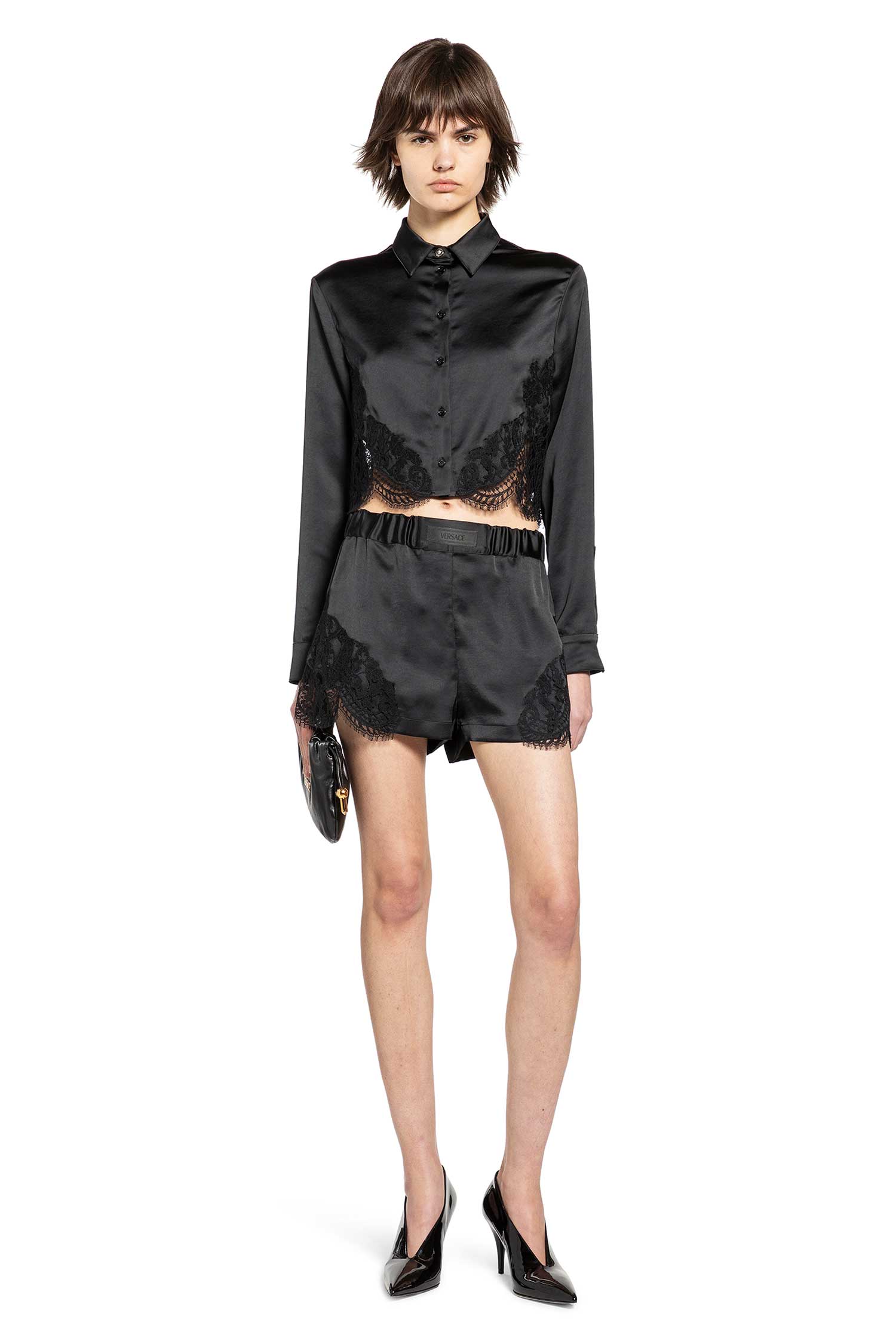 Lace-Trim Satin Crop Shirt