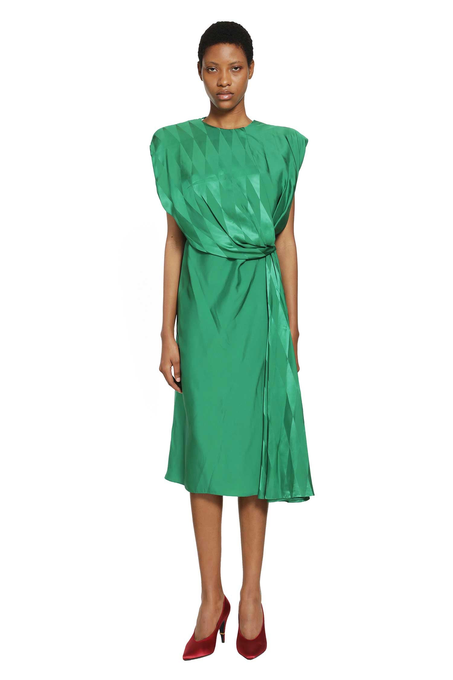 Jacquard Silk Draped Midi Dress