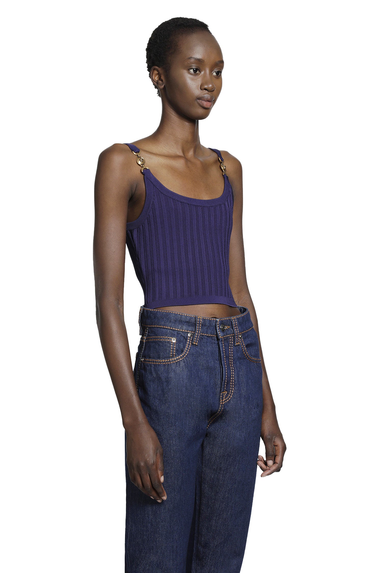 Stretch Viscose Mesh Ribbed Knit Top