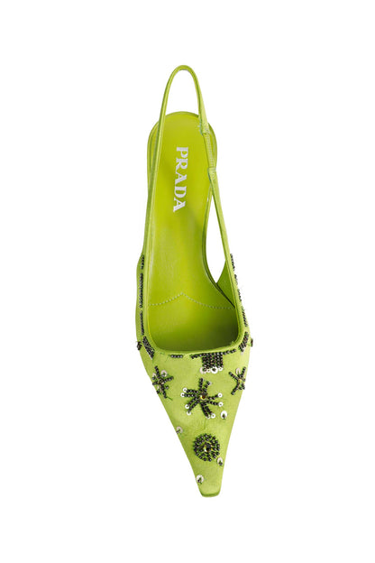Embroidered Satin Slingback Pumps