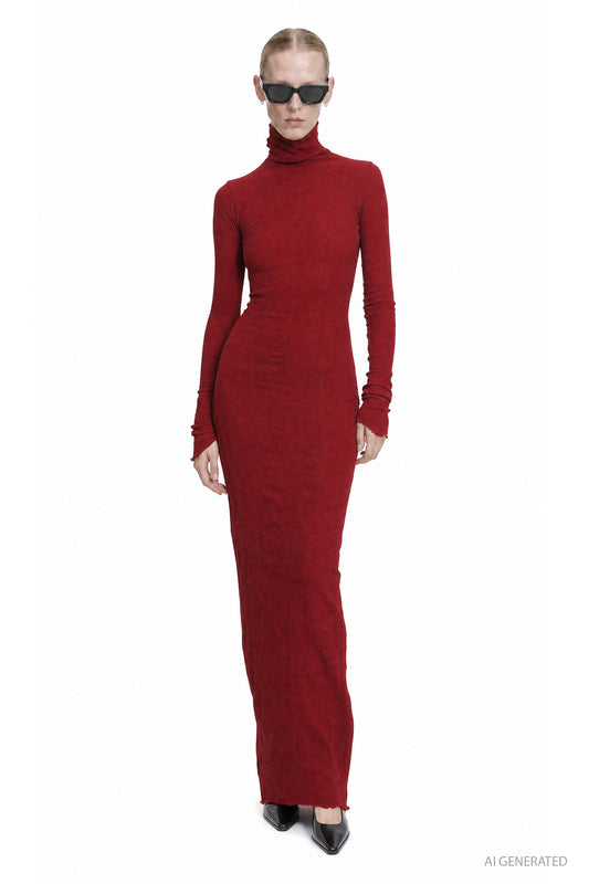 Turtleneck Nylon Silk Long Dress