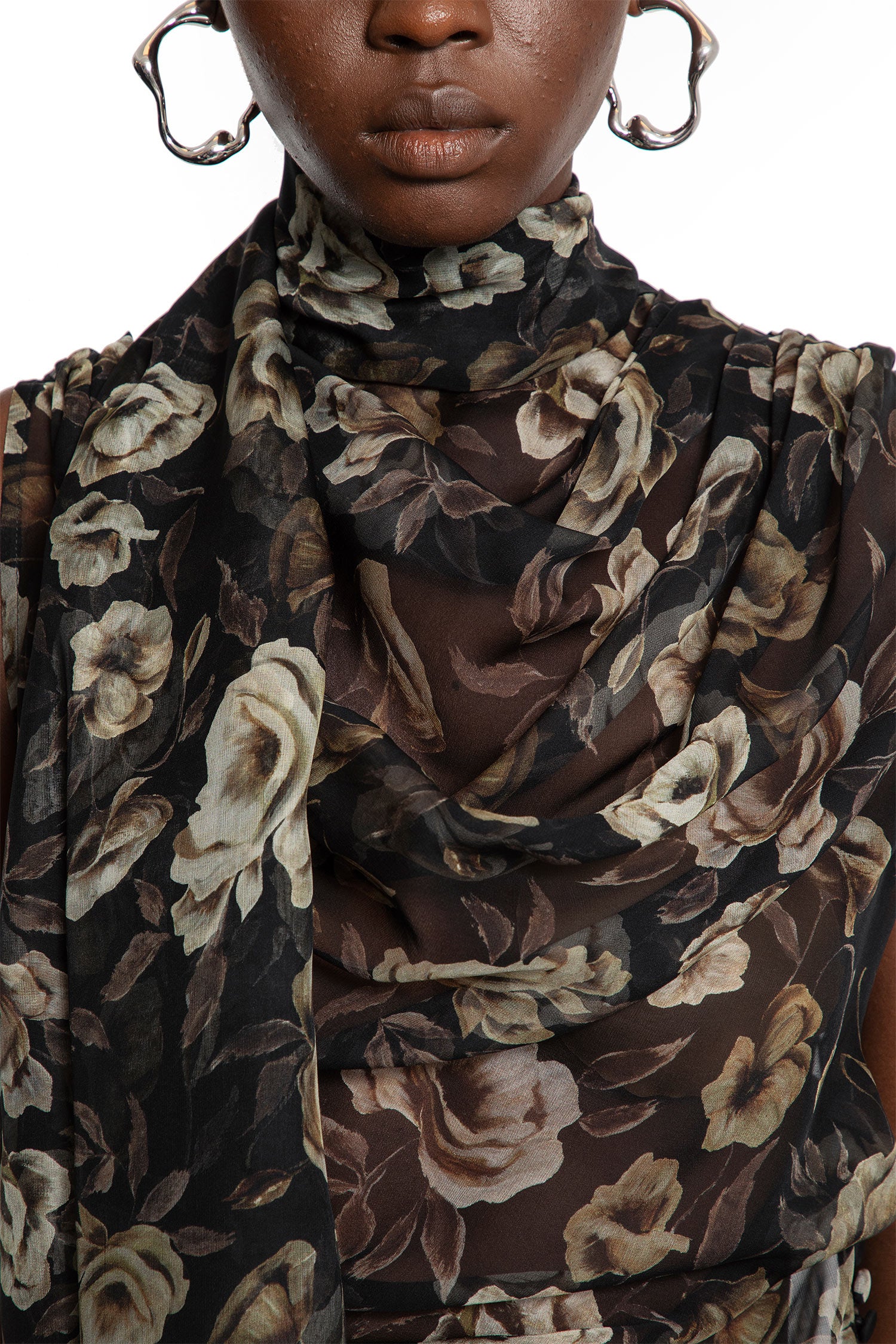 Draped High-Neck Dress in Floral Print