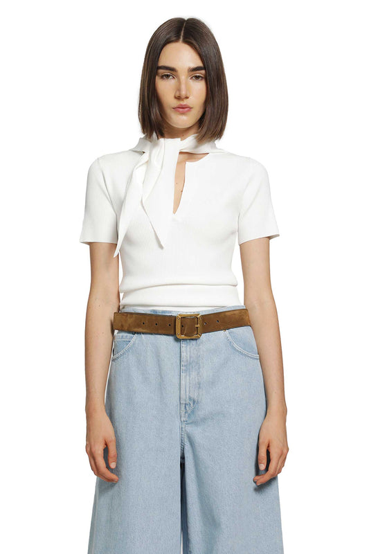 Tie-detailed Ribbed-knit T-shirt
