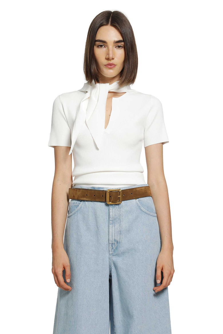 MAX MARA Tie-detailed Ribbed-knit T-shirt woman