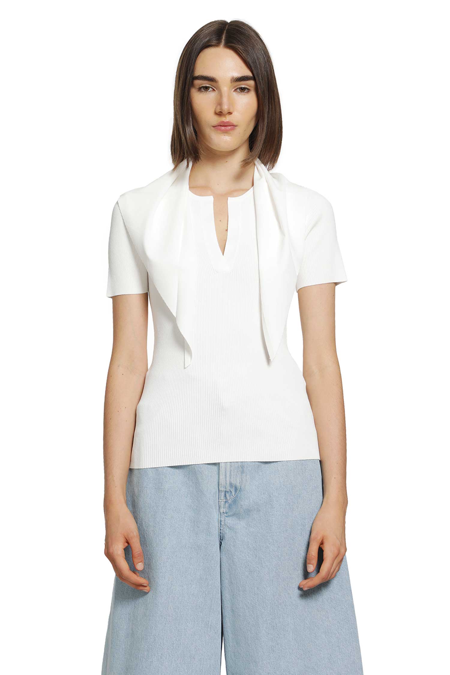 Tie-detailed Ribbed-knit T-shirt