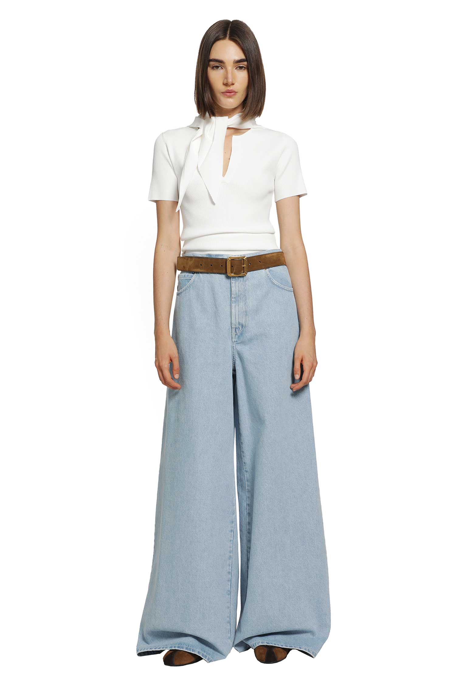 Tie-detailed Ribbed-knit T-shirt
