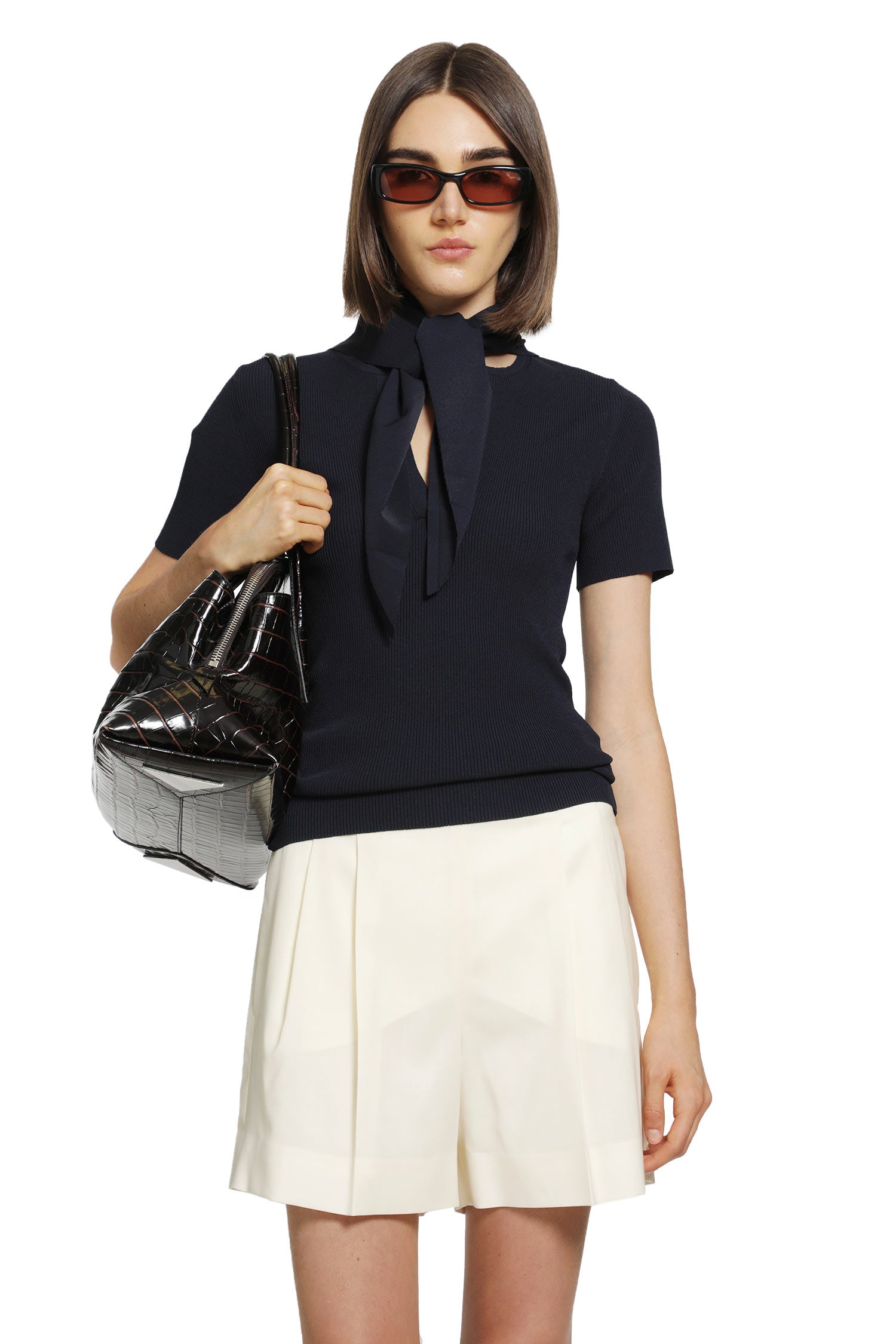 Tie-Detailed Ribbed-Knit T-Shirt