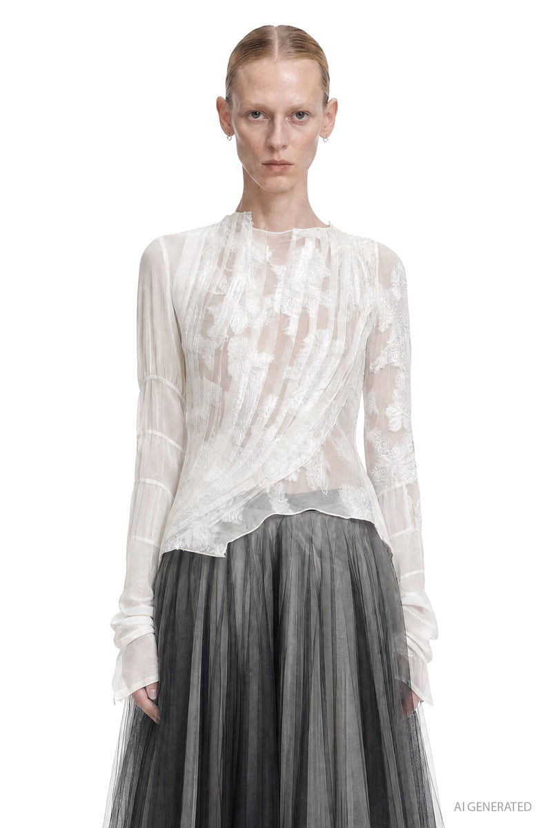 MARC LE BIHAN Pleated Lace Long Sleeve Top woman