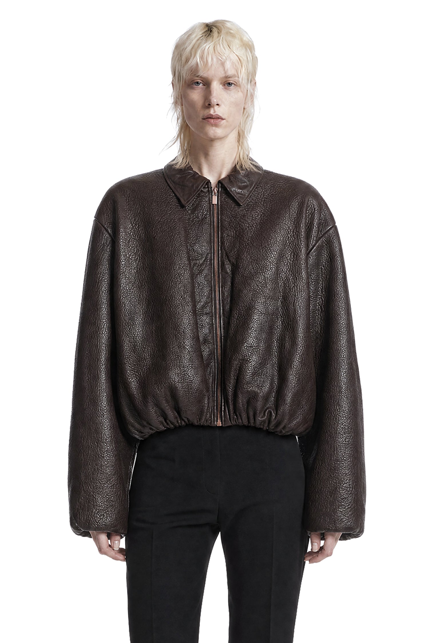 Cropped Leather Bomber Jacket