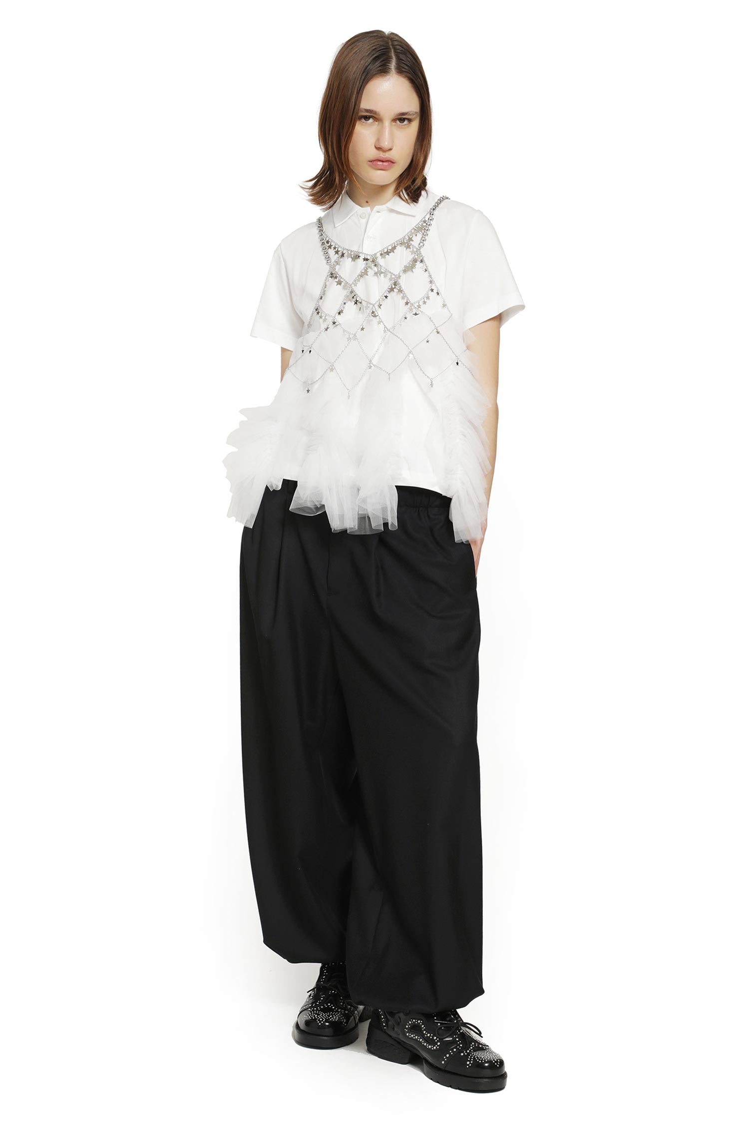 Cotton Poplin and Ruffled Tulle Polo Shirt