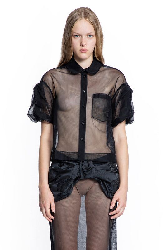 Sheer Cropped Puff Bow Sleeve Shirt