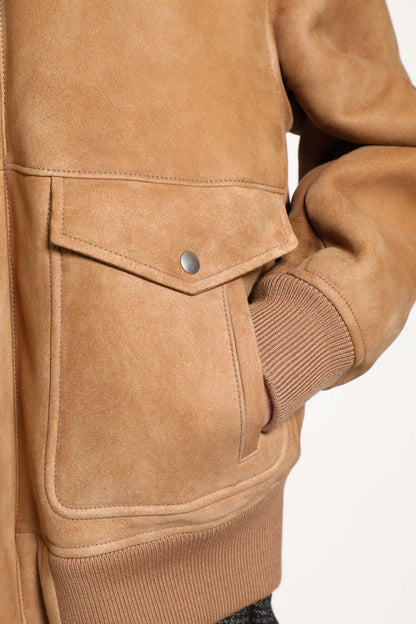 Suede Bomber with Shearling Collar