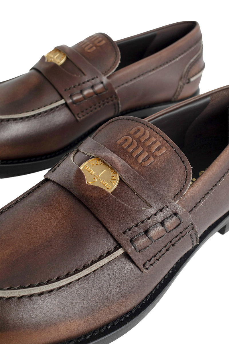 MIU MIU Vintage-effect Leather Penny Loafers woman